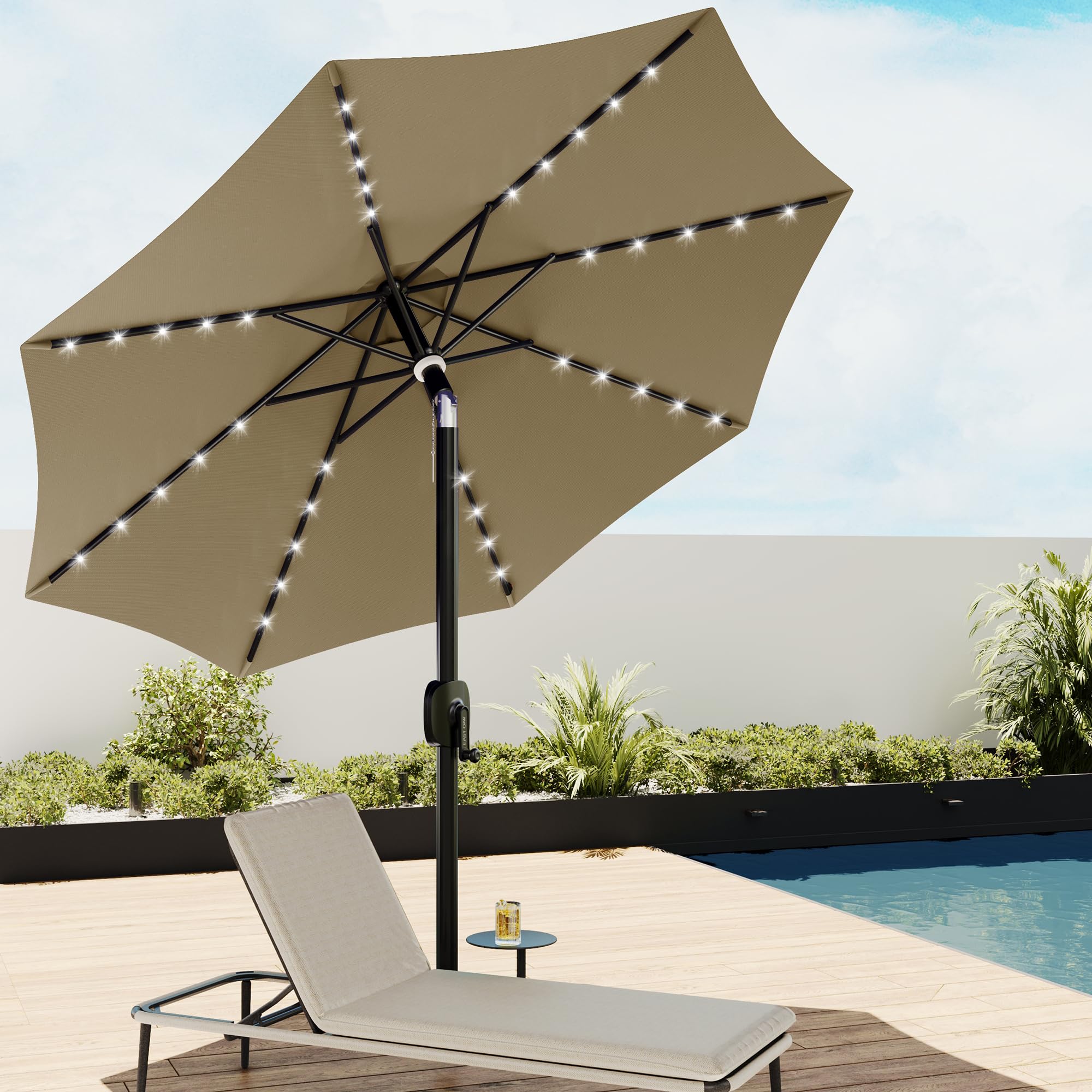 East Oak Patio Umbrella, 9 Ft Outdoor Table Umbrella With 40 Led Solar Lights And 8 Ribs, 1.9Inch Aluminum Pole, Upf 50+ Fade Re