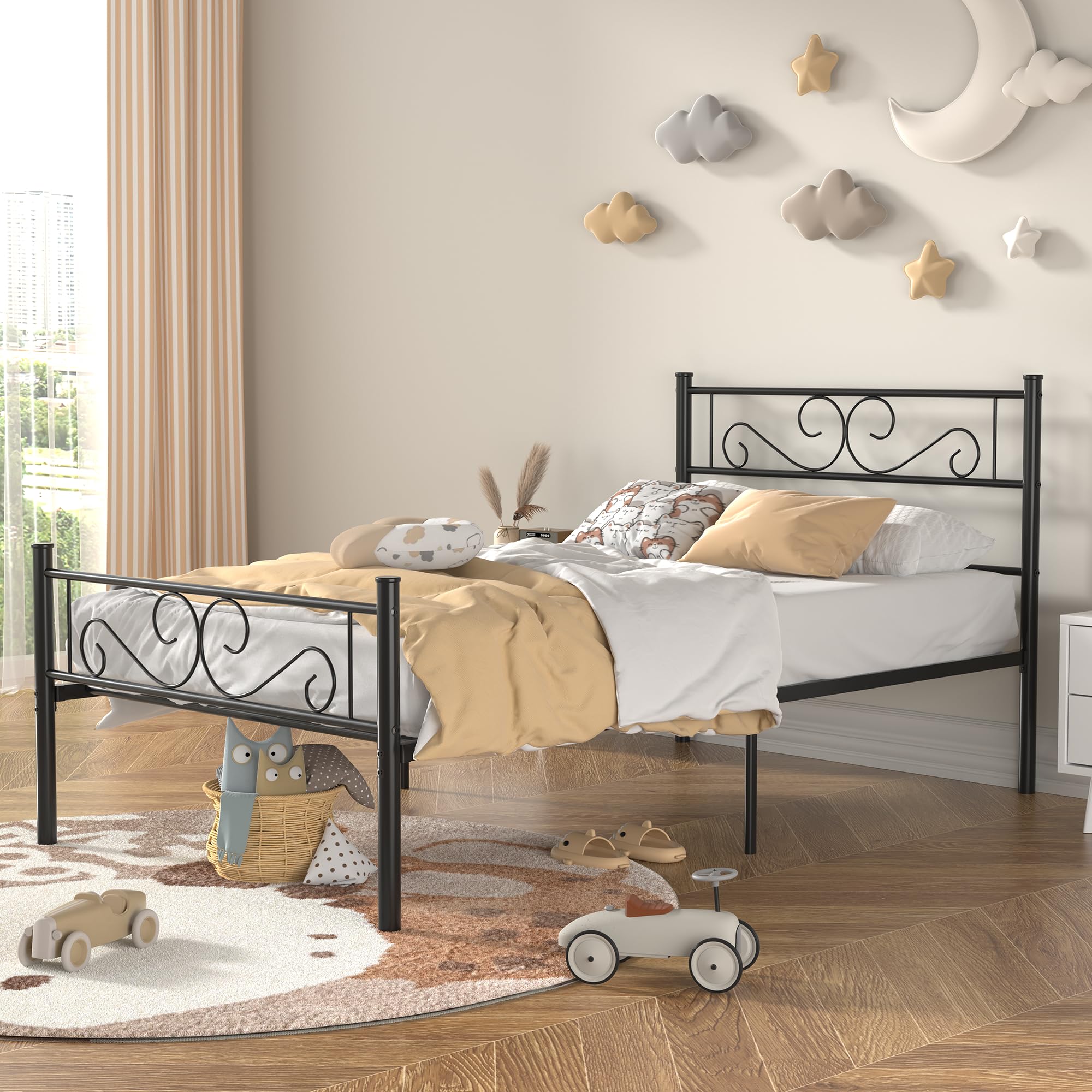 Vecelo Twin Size Bed Frame With Headboard, 14 Inch Metal Platform Mattress Foundation, No Boxing Spring Needed, Squeak Resistant, Easy Assembly, Matte Black