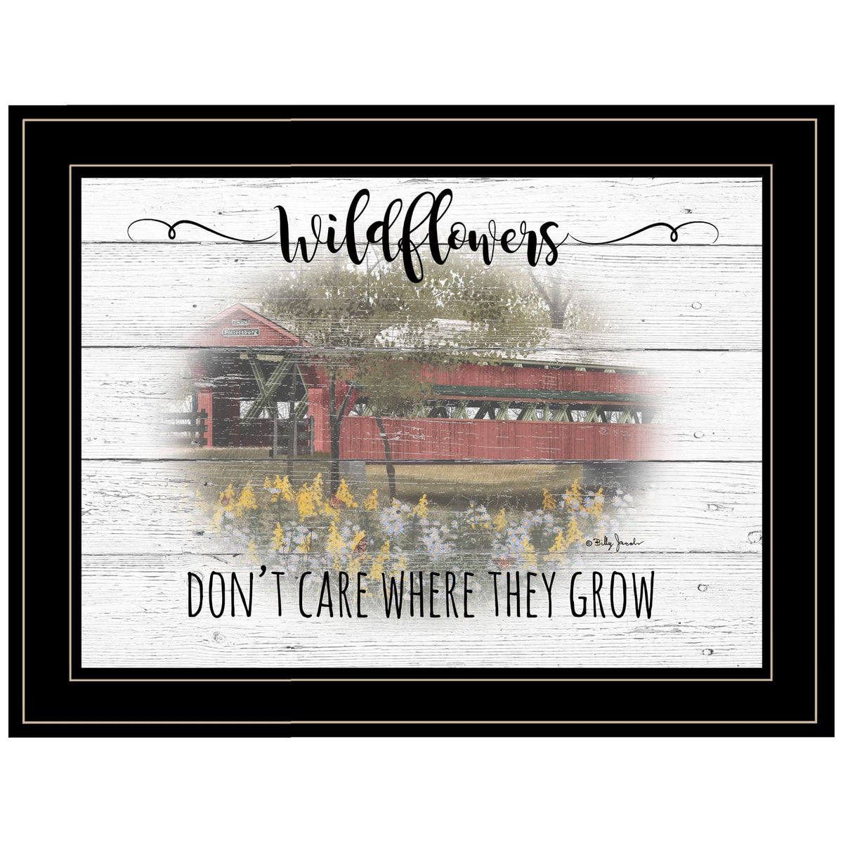 Wildflowers Covered Bridge Black Framed Print Wall Art