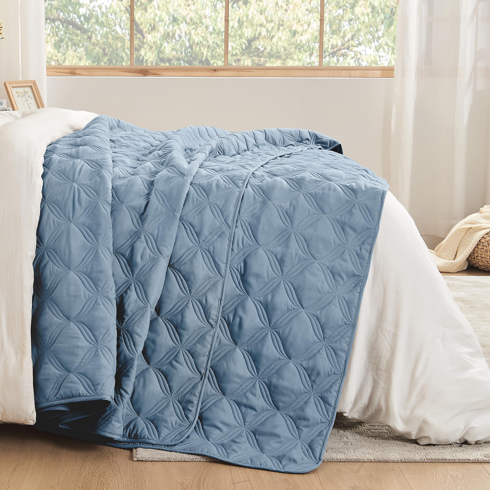 Litanika Oversized King Quilt Bedding Set, 128X120 Inch Super King Grayish Blue Comforter Bedspreads Lightweight Bed Coverlets B