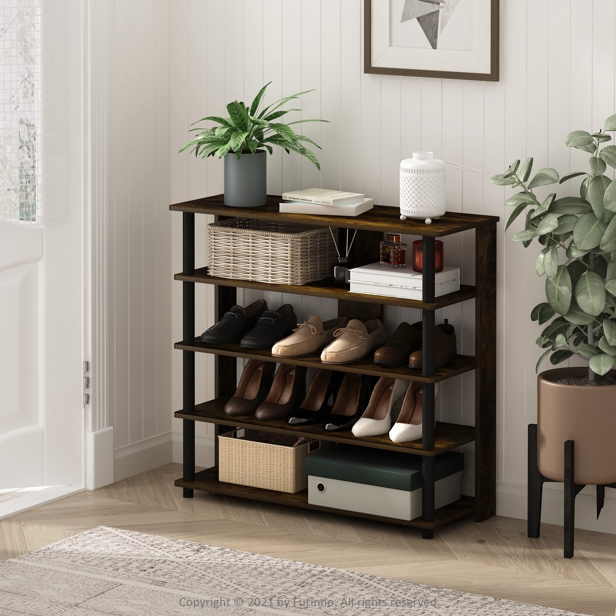 Furinno Turn-N-Tube 5 Tier Wide Shoe Rack, Amber Pine/Black