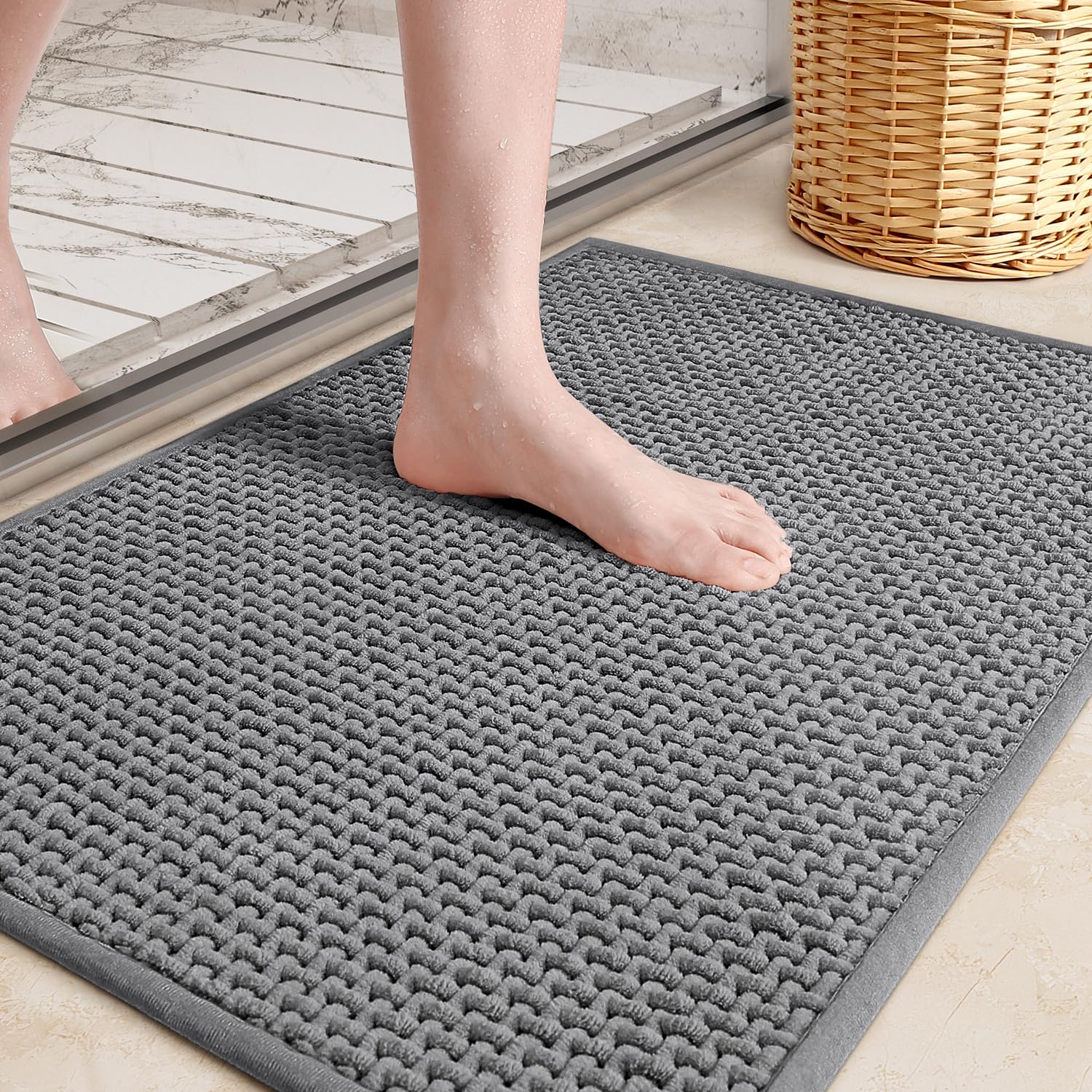 Color&Geometry Small Bathroom Rugs Upgraded Denser Chenille Pile, 16x24 Non Slip Absorbent Grey Bath Mats for Bathroom Thin Fit 