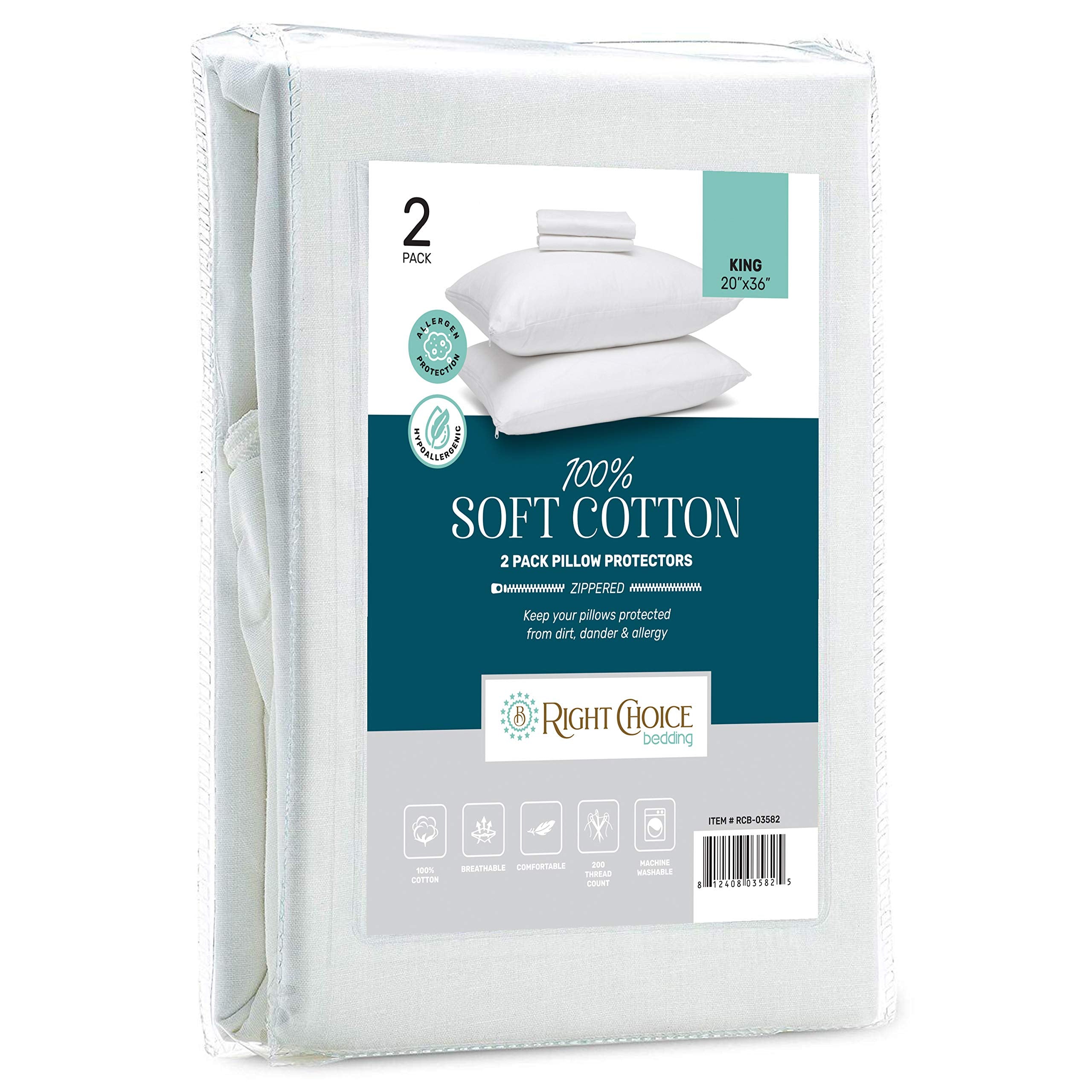 Right Choice Bedding Cotton Pillow Protectors With Zipper. Zip Up Pillowcase King Size 20X36 (Set Of 2)