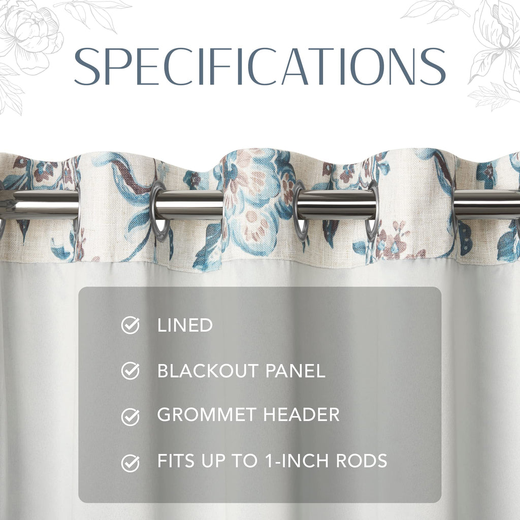 Elrene Home Fashions Sorrento Jacobean Floral Room-Darkening Window Curtain, 52 In X 95 In, Blue/Taupe