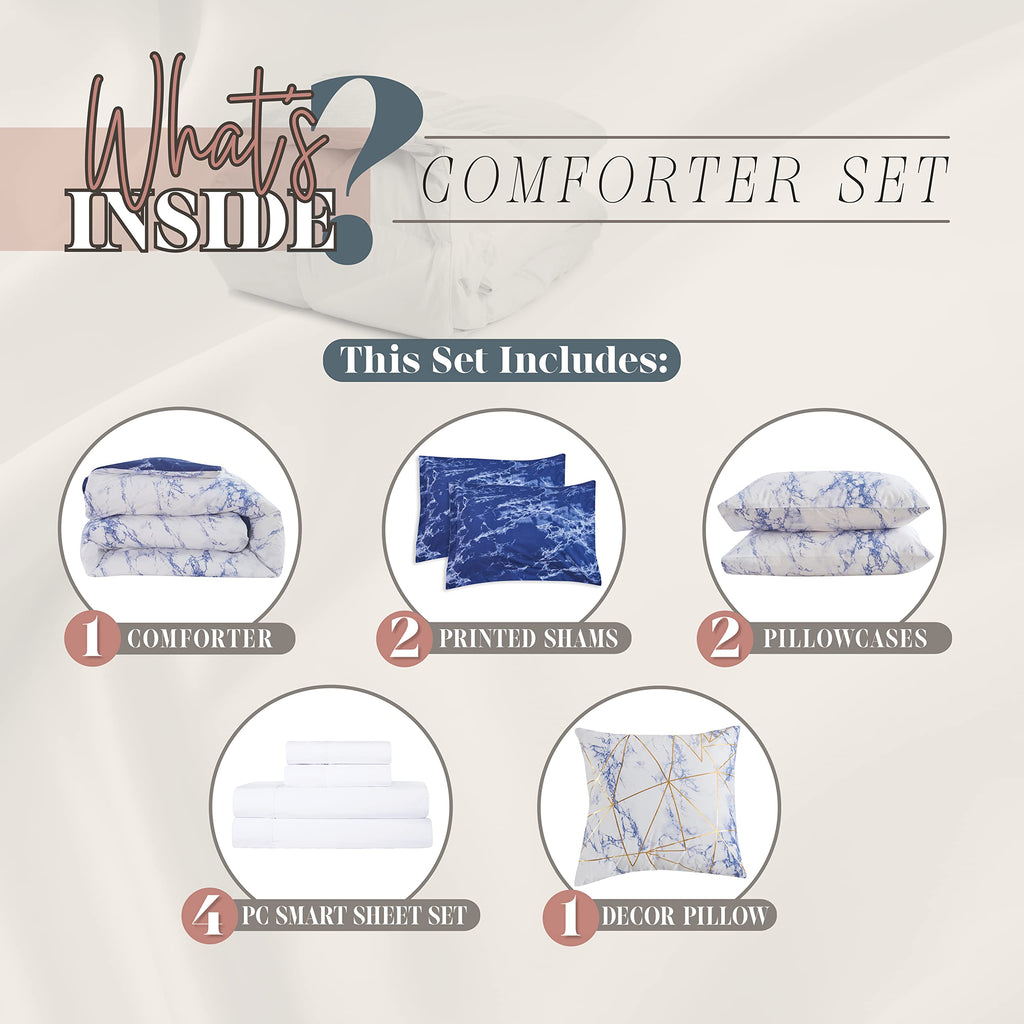 Elegant Comfort Reversible 10-Piece Comforter Set, Marble Print, Decorative Pillow And Fitted Sheet With Smart Pockets, Soft, Pl