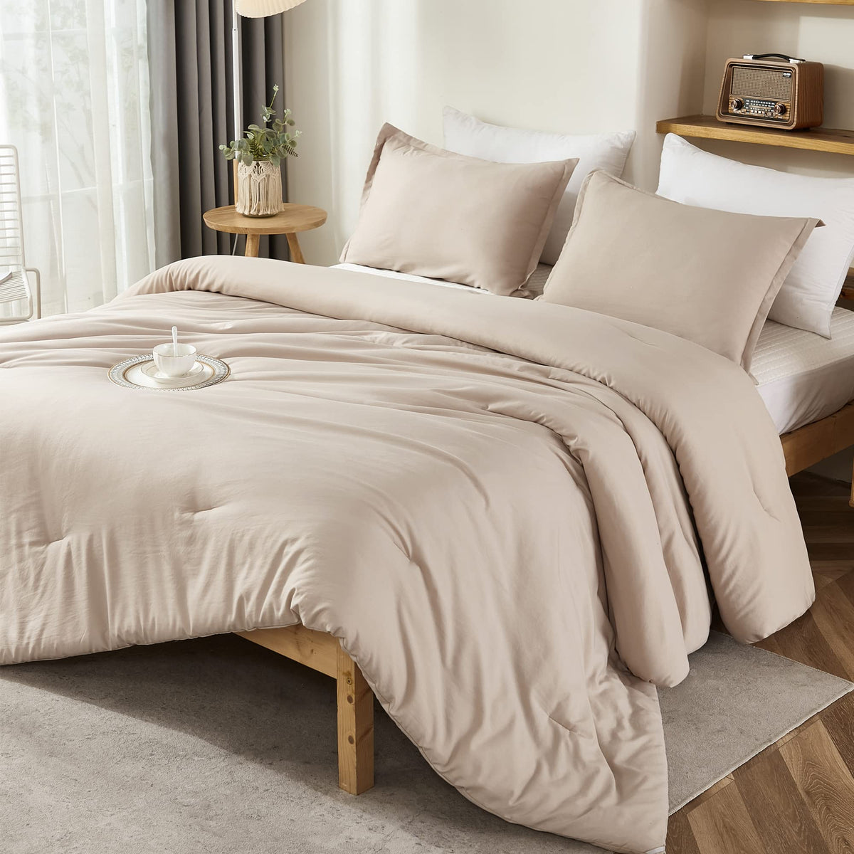 Litanika Khaki California King Comforter Set - 3 Pieces Cal King Lightweight Soft Solid Bed Comforter, Oversized All Season Down