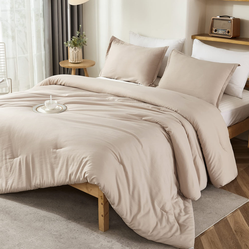 Litanika Khaki Comforter Set Full Size, 3 Pieces Solid Bedding Comforter Set, All Season Down Alternative Bed Set (79X90In Comfo