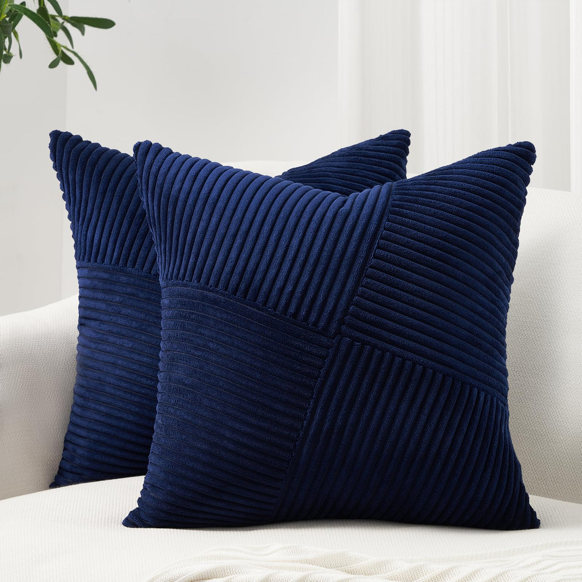 Topfinel Blue Decorative Throw Pillow Covers 12X12 Inch Cute Boho Stripe Soft Corduroy Modern Farmhouse Spring Home Decor 2 Pack