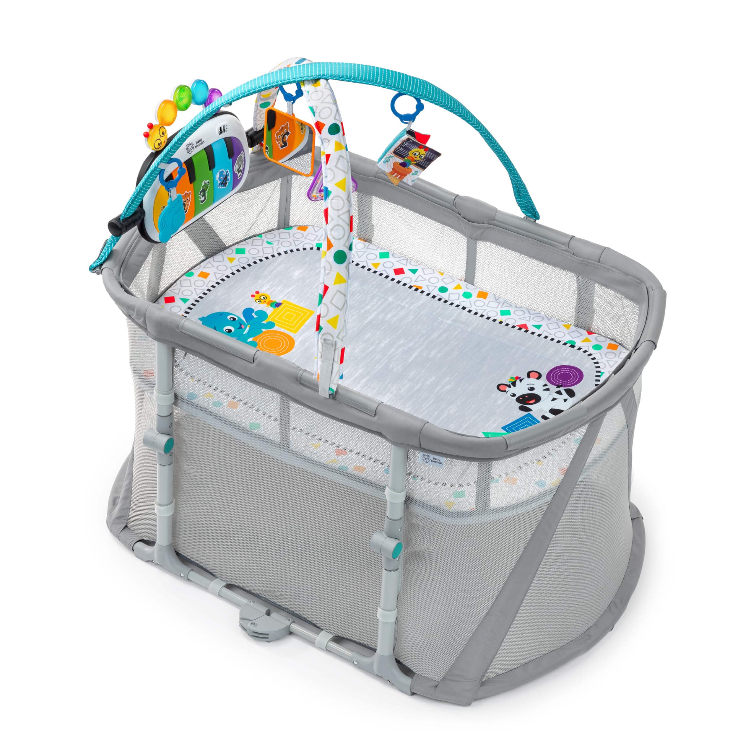 Baby Einstein Kick & Snooze 3-in-1 Foldable Playard, Bassinet and Musical Play Gym, Includes Fitted Sheet, 3-Step Easy Fold, Pia