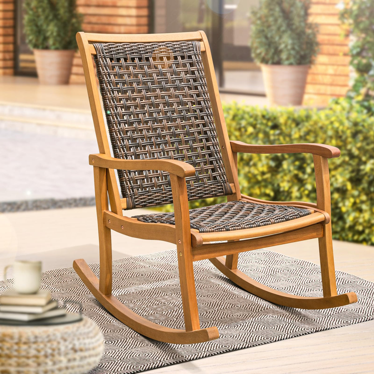 Idzo Lexicon Wood Wicker Rocking Chair, 400 Lbs Capacity, Durable Eucalyptus Wood, Natural Finish, Comfortable Curvy Design, Ide