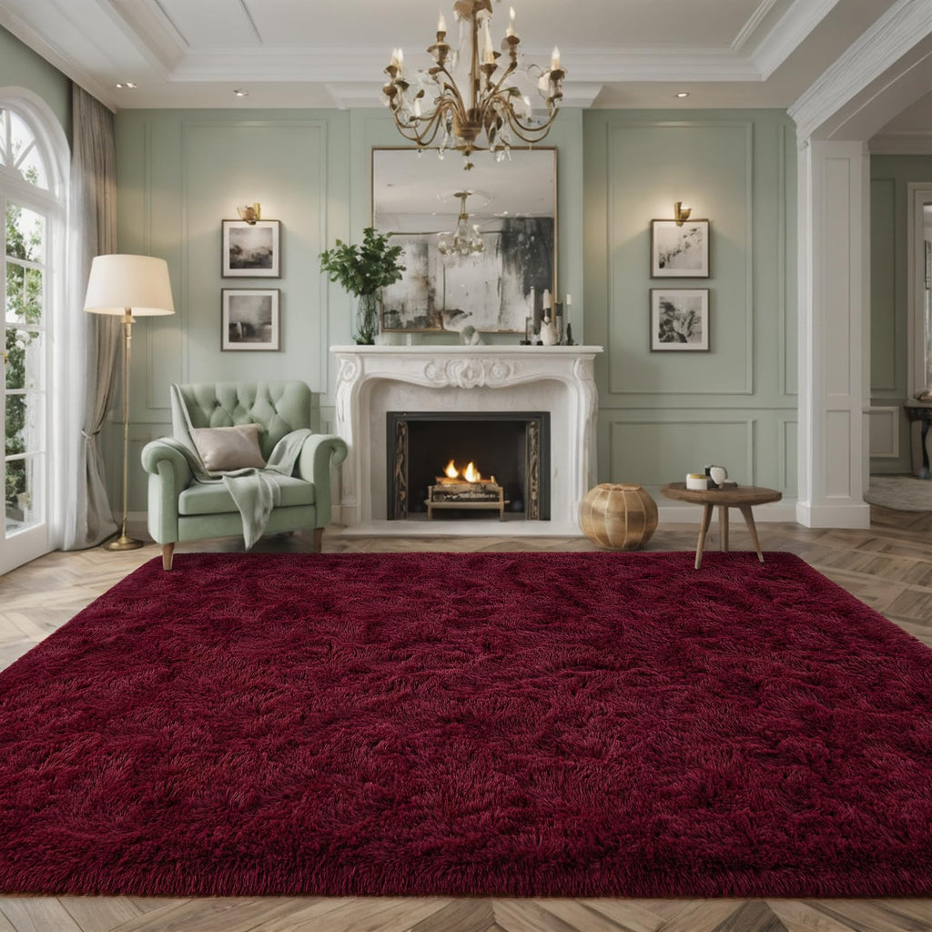 Larhom Burgundy Fluffy Area Rugs for Living Room Bedroom,8x10 Feet Ultra Soft Indoor Modern Plush Fuzzy Rug, Thickened Carpet fo