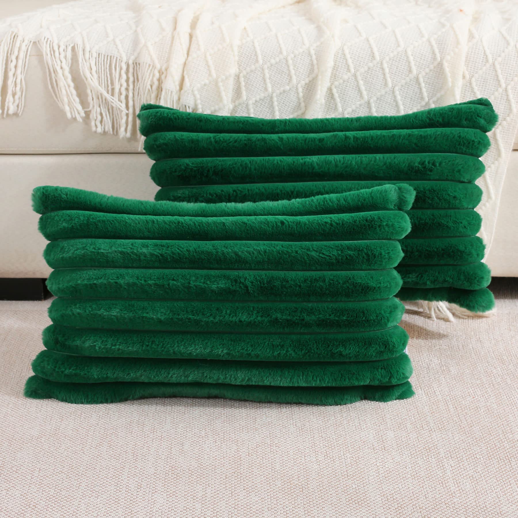 Futei Emerald Green Striped Decorative Throw Pillow Covers 12X20 Inch Set Of 2,Rectangle Winter Decorations Couch Lumbar Pillowc