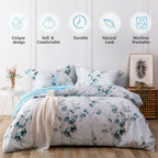 Mildly 100% Long-Staple Cotton Duvet Cover Set Baby Blue Teal Gradient Leaf Pattern Printed Comforter Cover 3Pcs, Ultra Soft & B