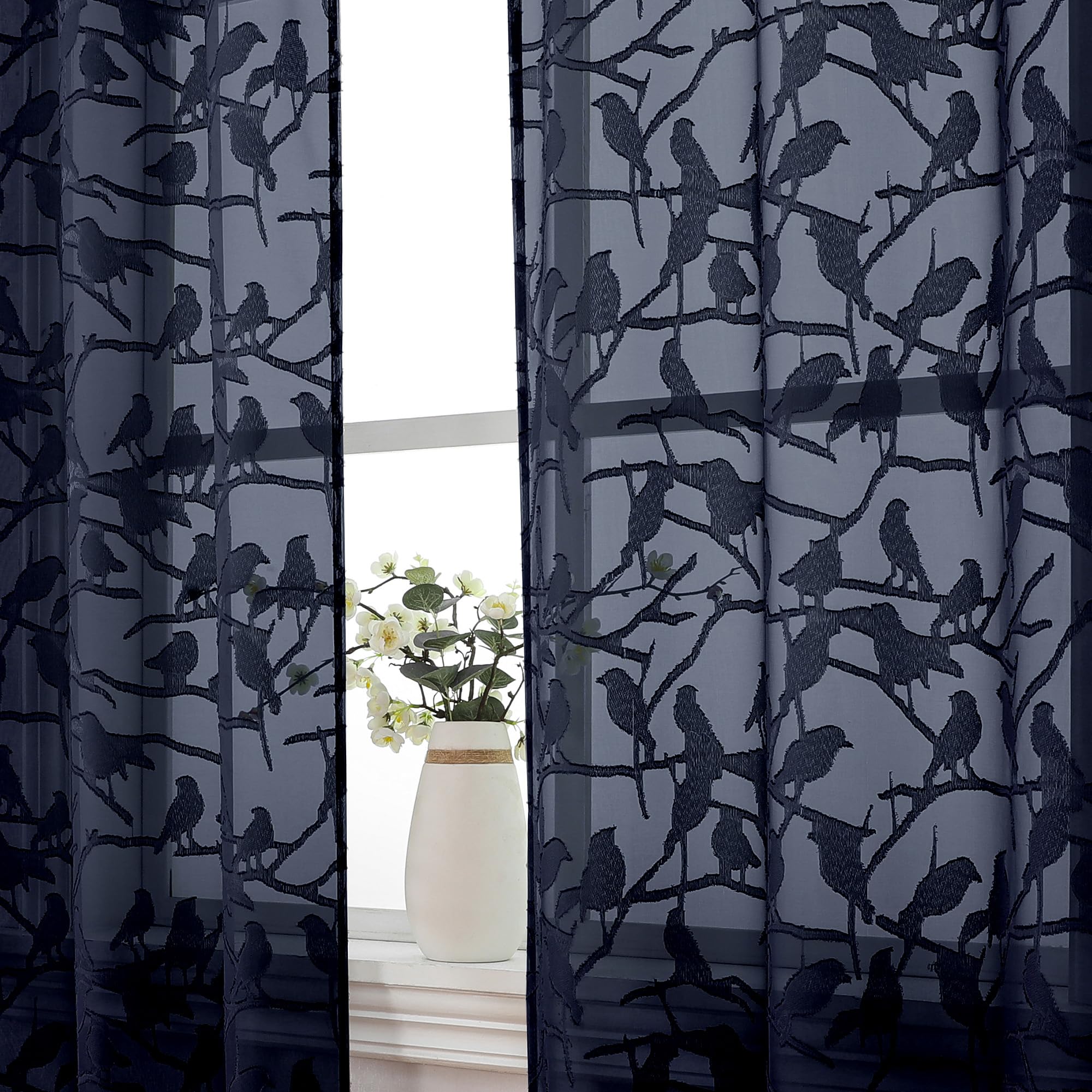 Ovzme Anji Bird Navy Blue Sheer Curtains 45 Inches Long 2 Panels Set For Small Window, Light Filtering Privacy Cafe Curtains Rod