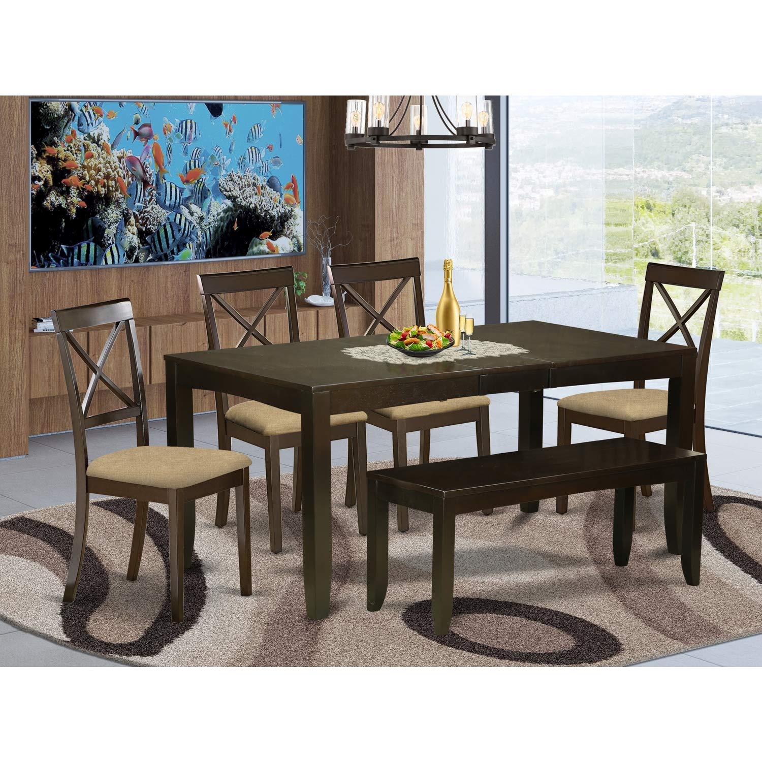 East West Furniture Lybo6-Cap-C 6 Pc Kitchen Table With Bench-Table With Leaf 4 Kitchen Dining Chairs And Bench