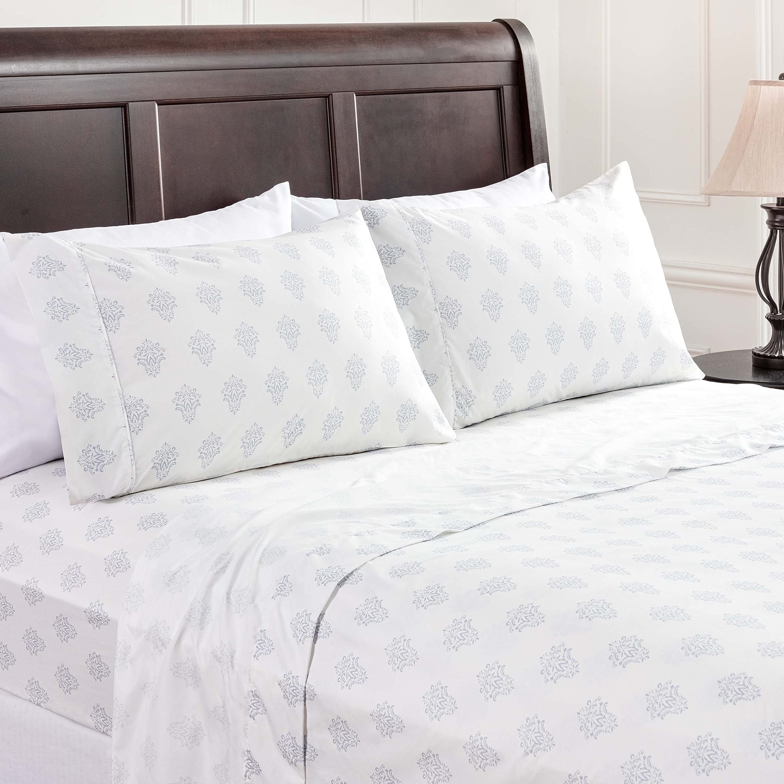 Chanasya Premium Small Damask Printed Victorian Patterned Twin Bed Sheet Set 3-Piece - 1 Flat 1 Fitted Sheet 1 Pillowcase - Ultr