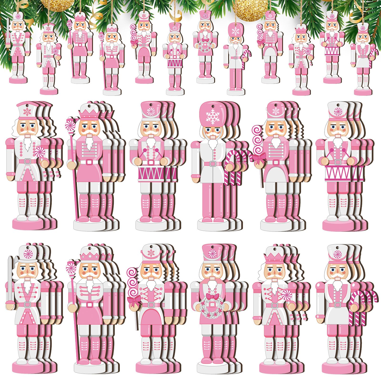 36 Pcs Pink Christmas Nutcracker Ornaments Wood Hanging Nutcrackers Miniature Nutcracker Figures Traditional Holiday Nutcrackers