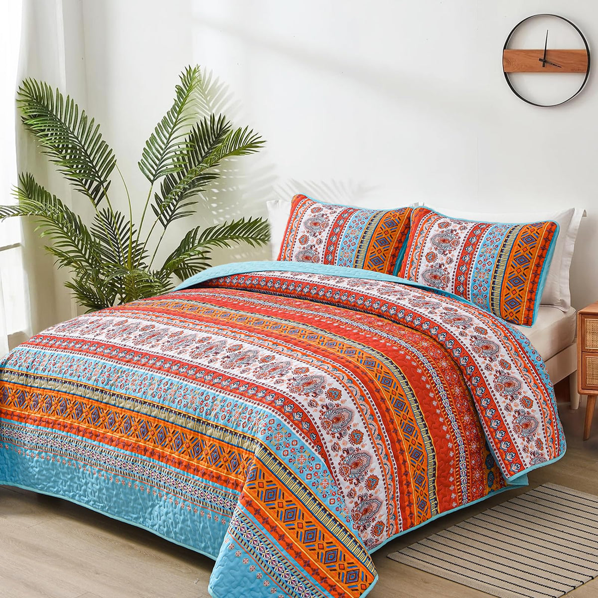 Goodidea Boho Quilt Set King Size,3 Piece Orange Bohemian Striped Autumn Bedspread Coverlet Set With 2 Pillow Cases Lightweight