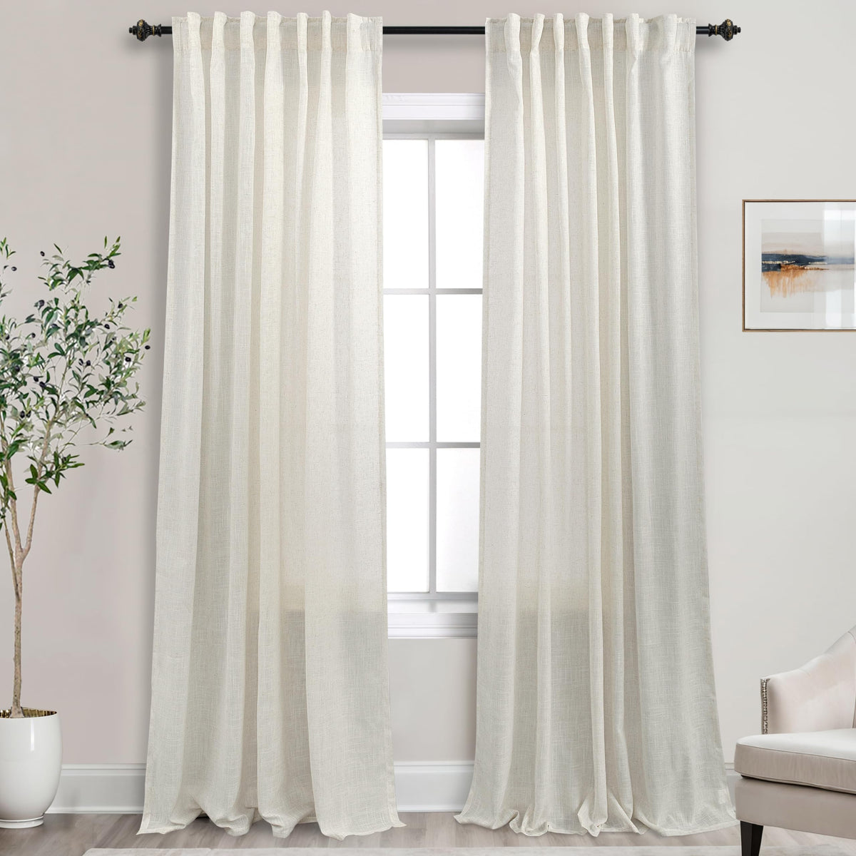 108 Inches Long Cream Beige Linen Curtains For Living Room Large Window Back Tab Rod Pocket 9Ft Ivory Semi Sheer Window Curtain