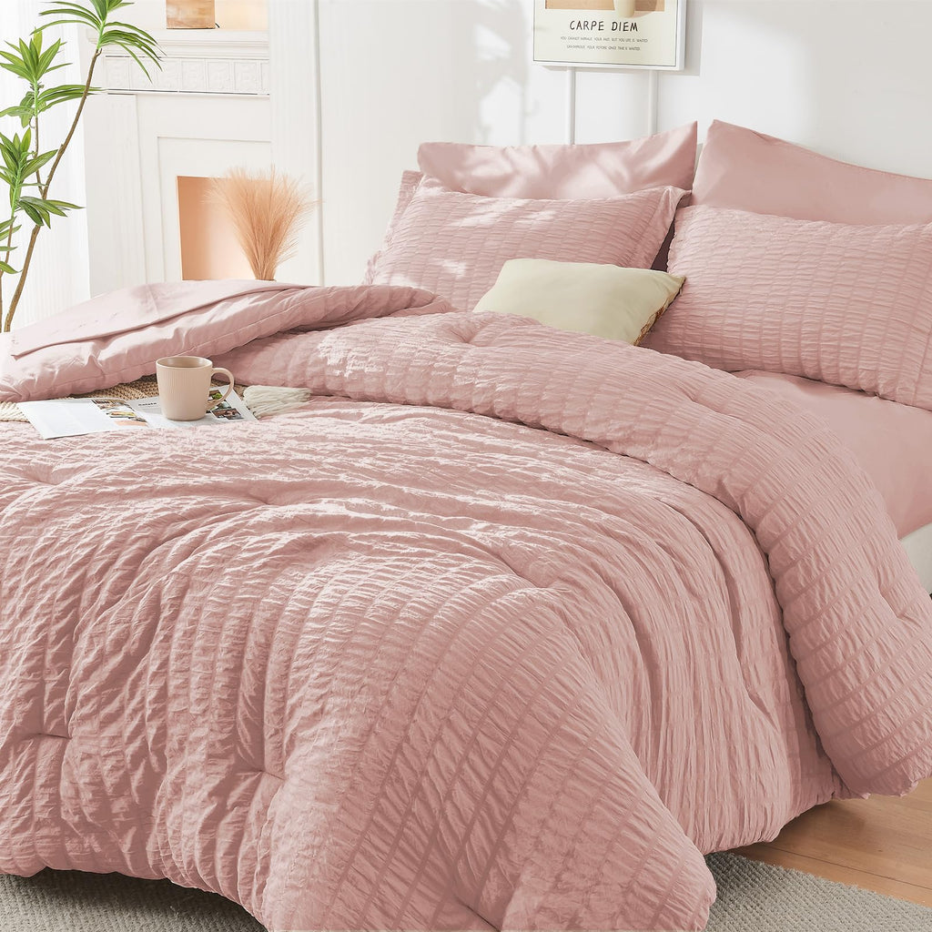 Hymokege Rose Gold Queen Comforter Set Seersucker 7 Pieces, All Season Luxury Bed In A Bag For Bedroom, Bedding Set With Comfort