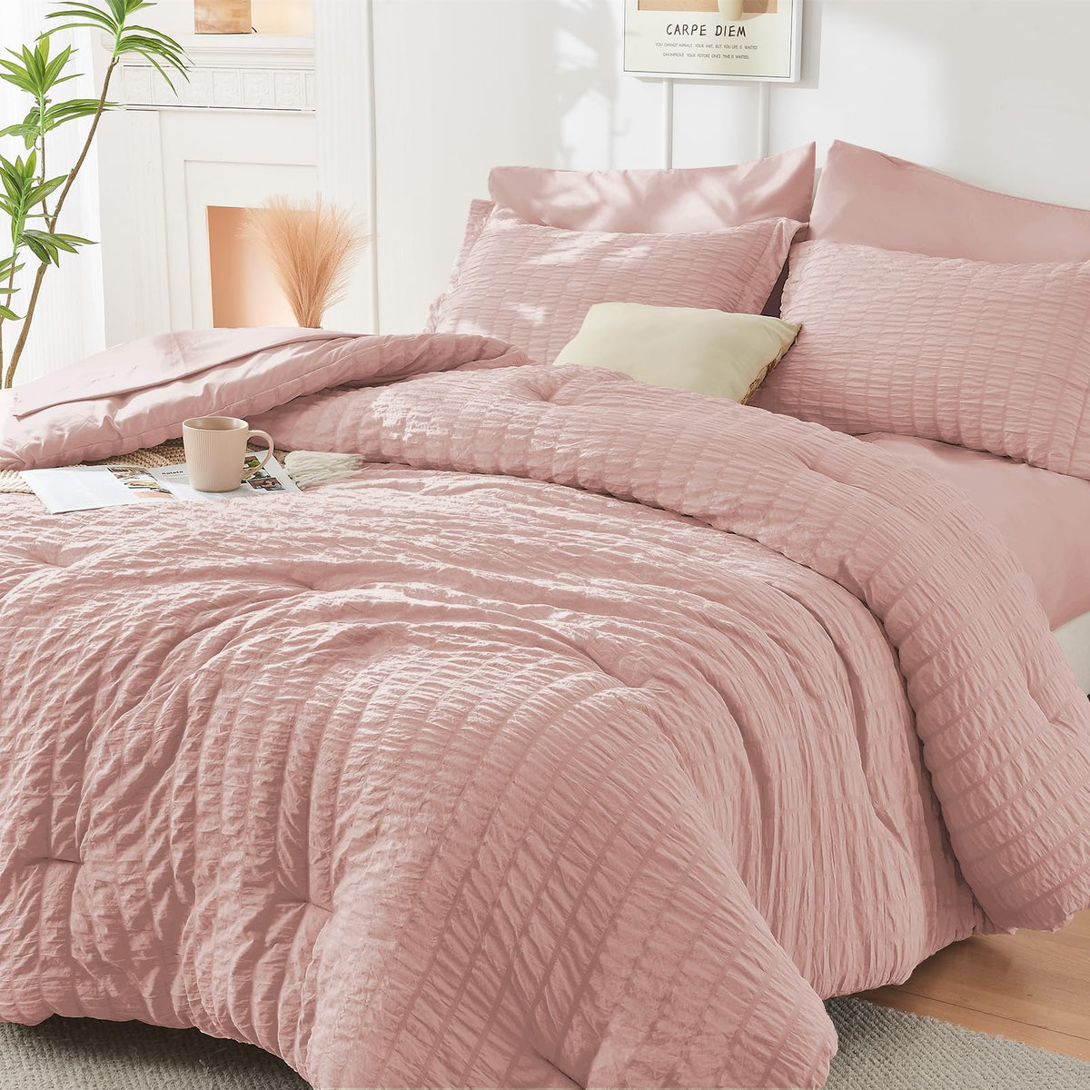 Hymokege Rose Gold Full Size Comforter Sets Seersucker 7 Pieces, All Season Luxury Bed In A Bag For Bedroom, Bedding Set With Co