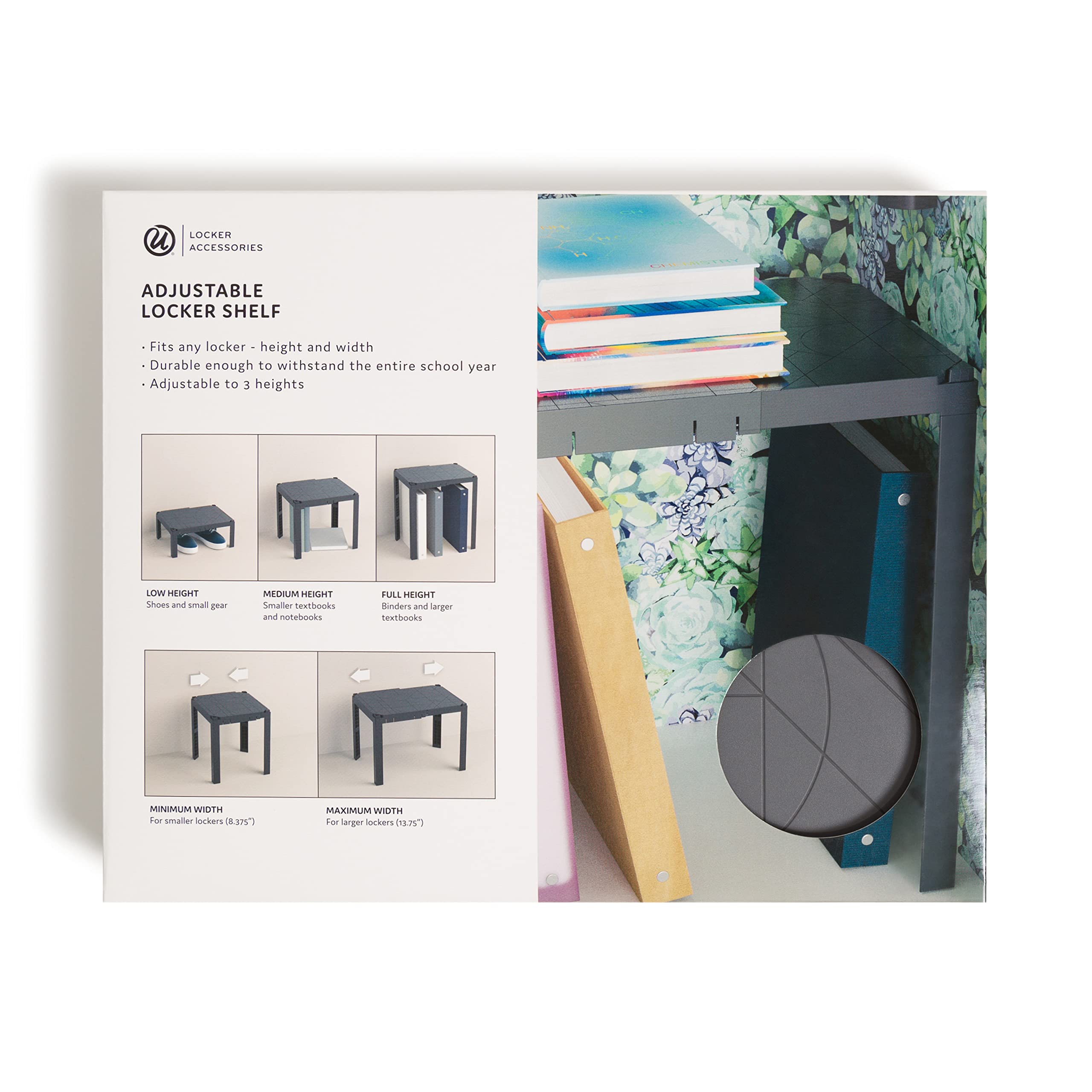 U Brands 2-Way Adjustable Locker Shelf, Locker Accessories, Grey, 8.375    to 13.75    W, 3 Varying Heights