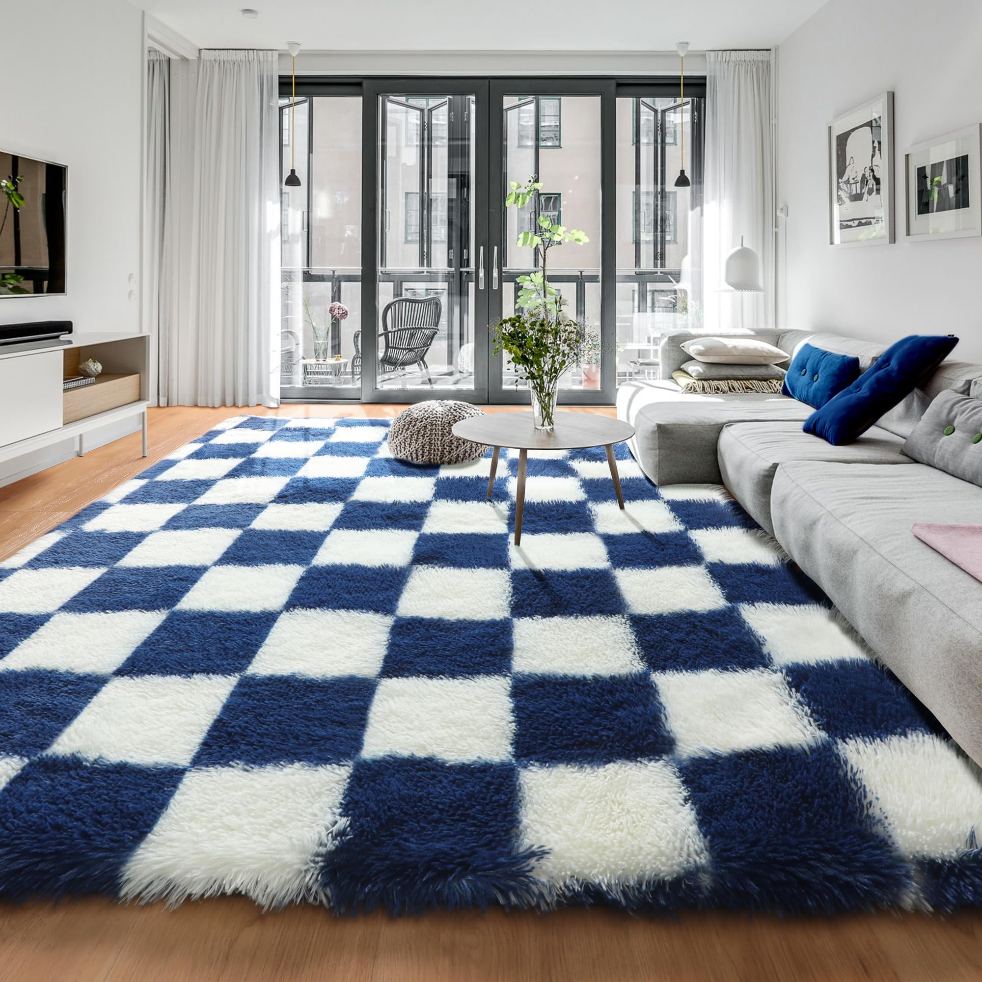 KICMOR Large Area Rug for Living Room 6x9, Big Fluffy Shag Fuzzy Navy Blue and Cream White Checkered Rugs Soft Plush Carpet for 