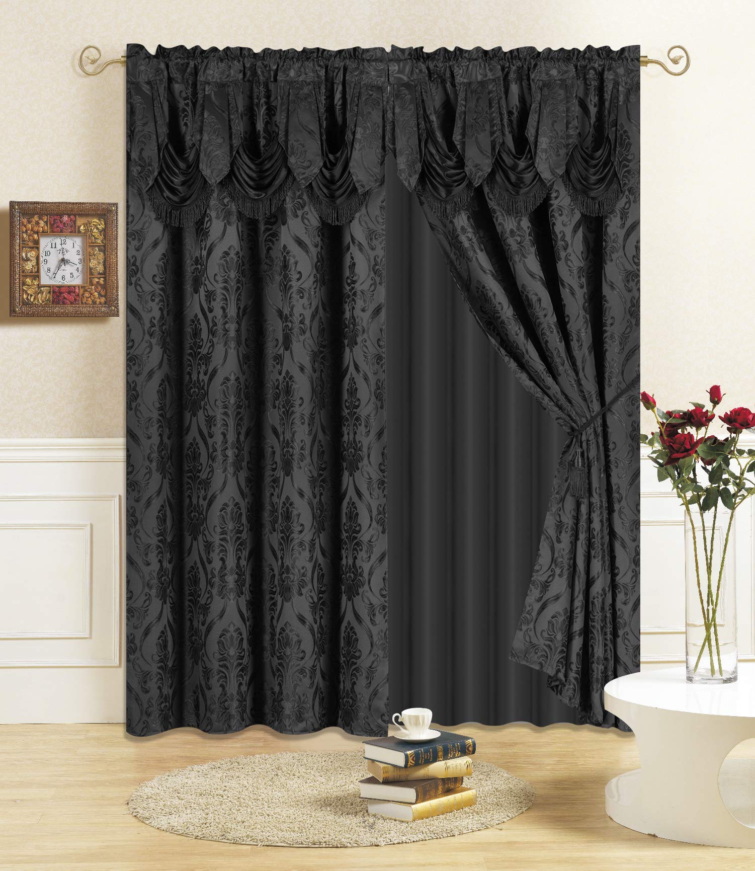 All American Collection New 4 Piece Drape Set with Attached Valance and Sheer with 2 Tie Backs Included (96 Length, Black)
