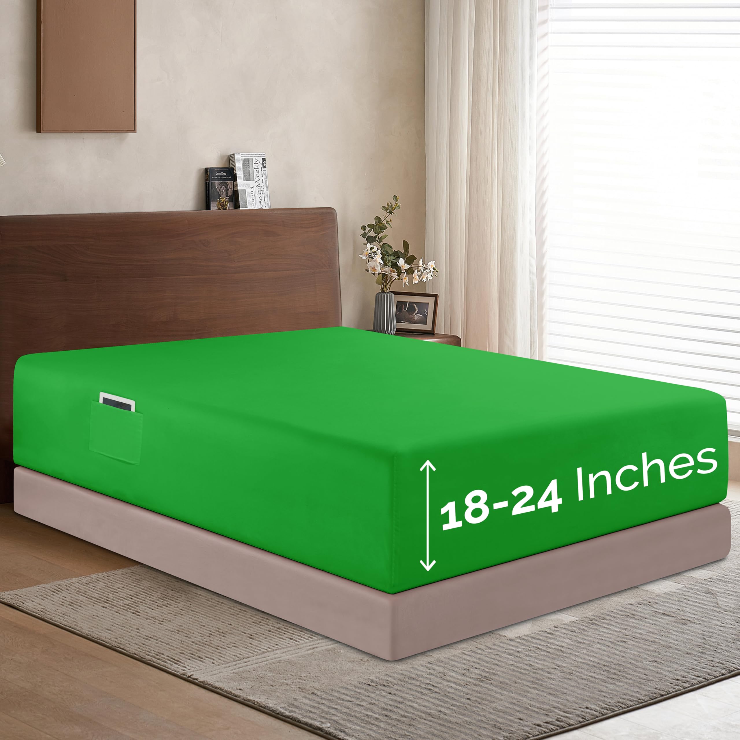 Elegant Comfort 1500 Premium Hotel Quality 18-24 Inches Deep - Extra Deep Pocket Single Fitted Sheet For High Mattress, Luxury And Softest, Smart Pocket - Wrinkle Free, King, Emerald Green