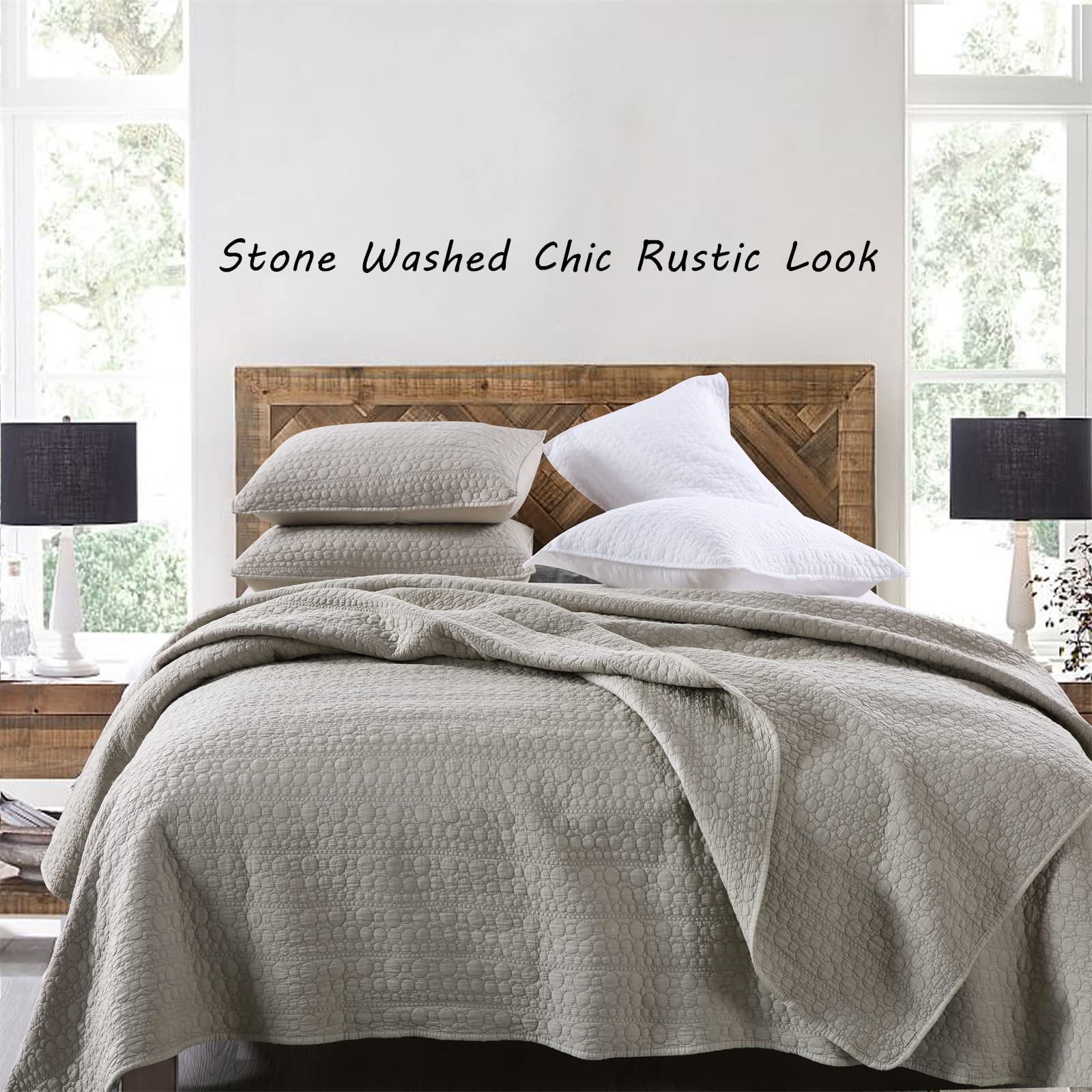 Horimote Home Quilt Set Twin Size Beige, Classic Geometric Spots Stitched Pattern, Stone-Washed Microfiber Chic Rustic Look, Ult