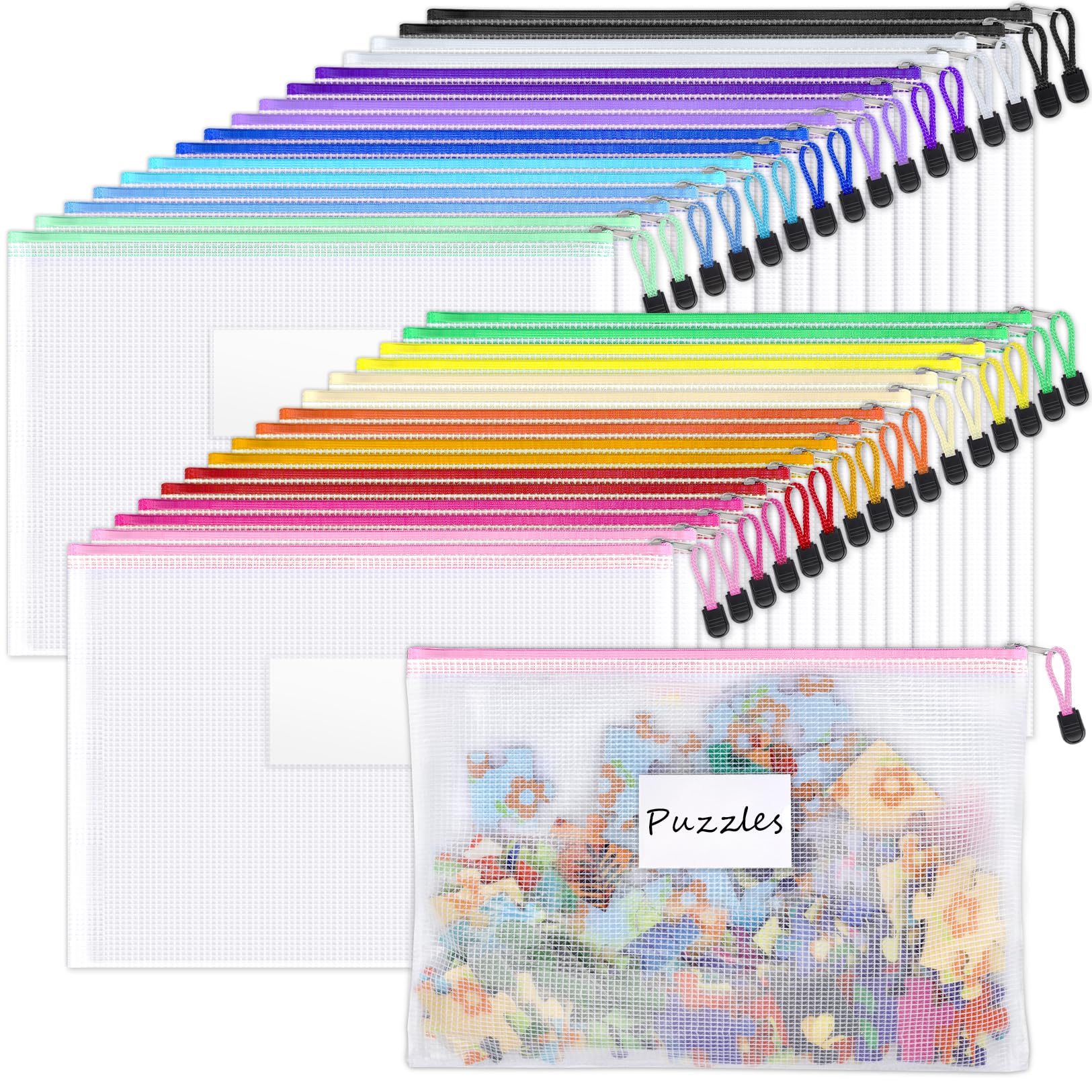 Sooez 32 Pack Mesh Zipper Pouch Bags, A4 Letter Size, Zipper Bags With Label Pocket, Waterproof Zipper Pouches For Classroom Org