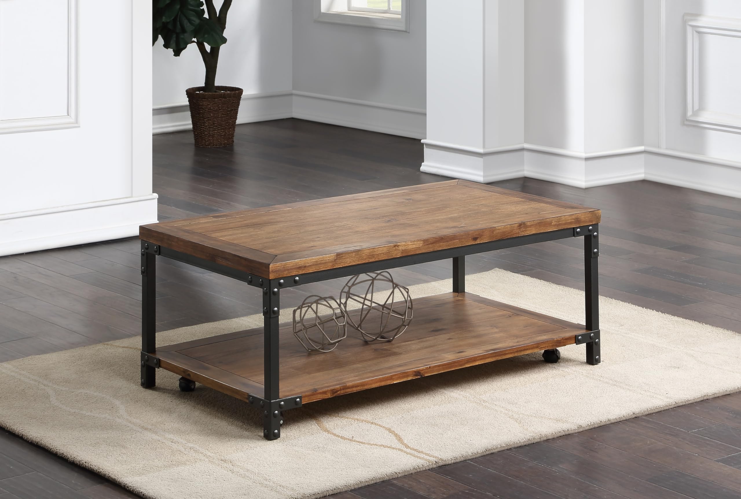 Steve Silver Lantana W/Caster Cocktail Table, Tabletop Desk For Home Living Room Or Office Space, Rustic And Industrial Design, 48' L X 26' W X 19' H, Brown/Black