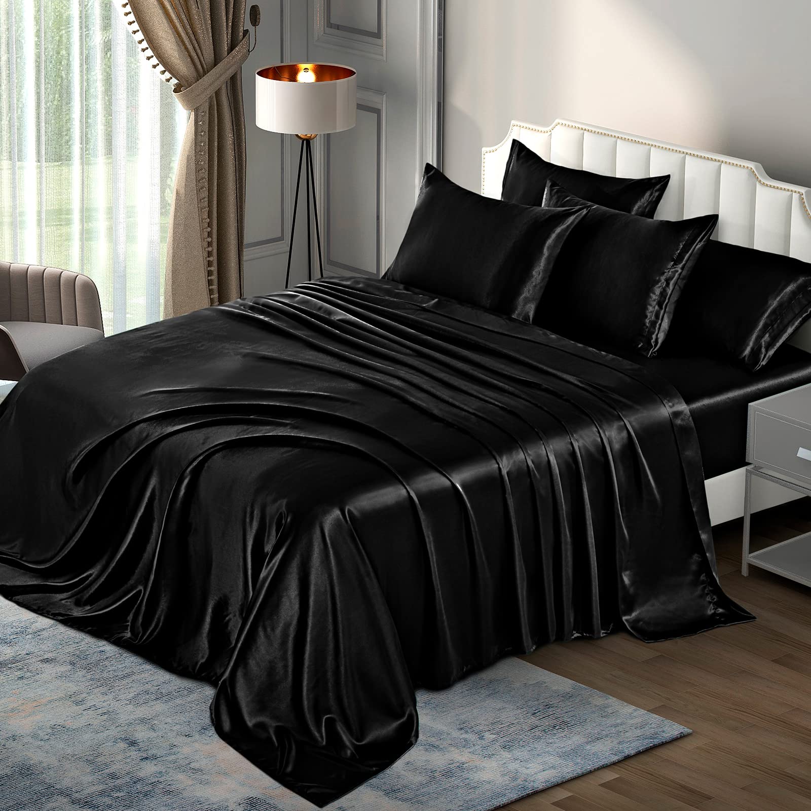 P Pothuiny 6-Piece Queen Satin Sheets Luxury Silky Black Satin Bedding Sheet Set, 1 Deep Pocket Fitted Sheet + 1 Flat Sheet + 4
