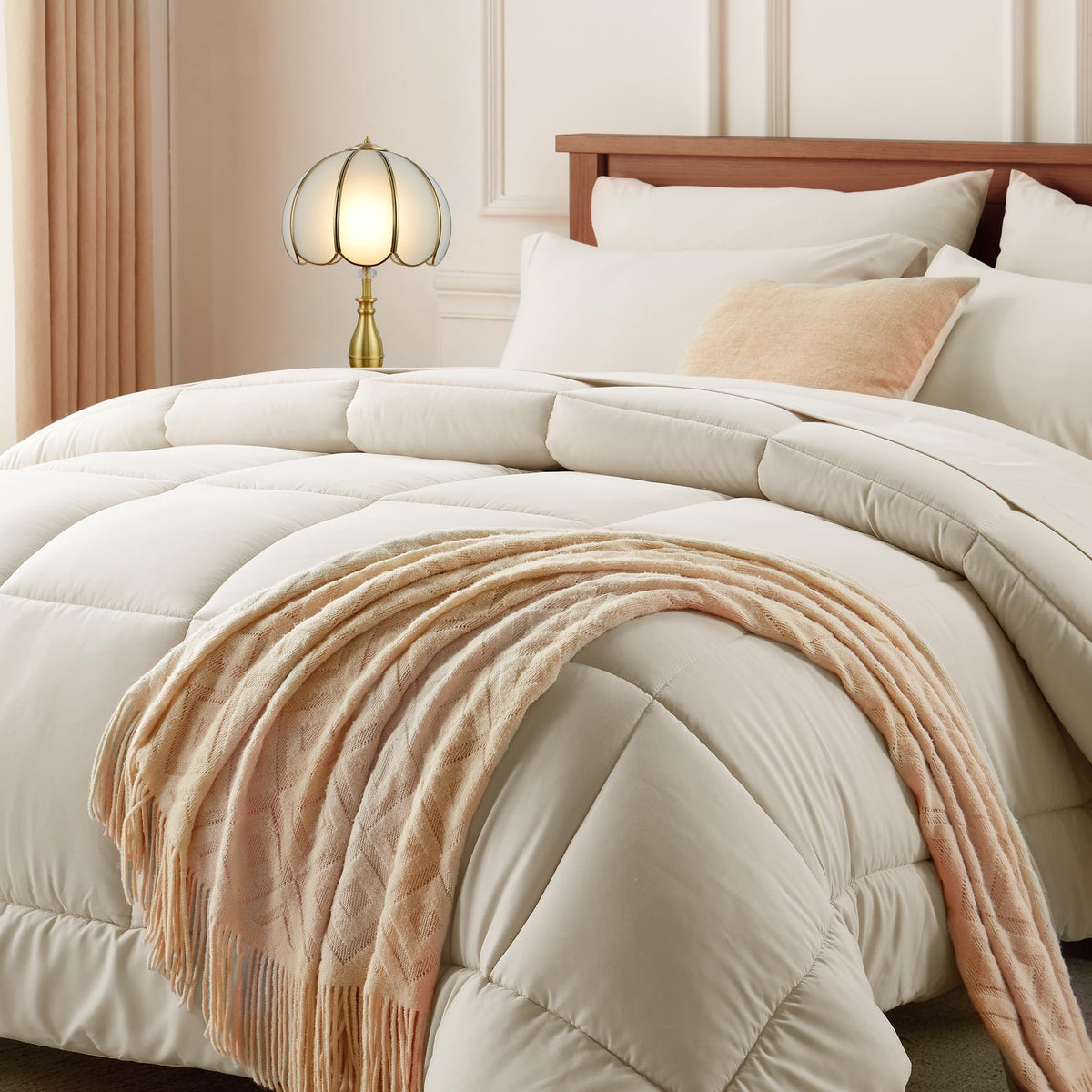 Newspin California King Bed In A Bag Bedding Set - 7 Pieces Beige All Season Comforter Set, Ultra Soft Bedding Comforter Set Wit
