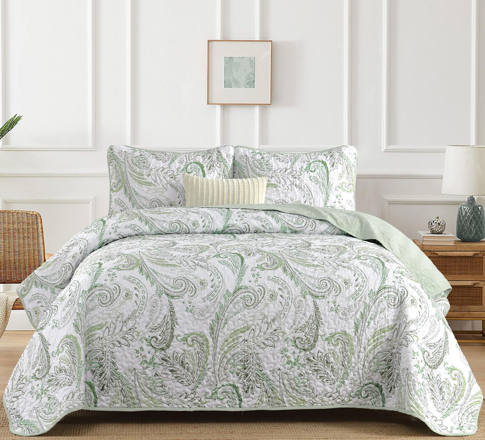 Wongs Bedding Boho Quilt Set Queen,Green Paisley Floral Pattern Bedspread Coverlet Set With 2 Pillowcases,3 Piece Lightweight Mi