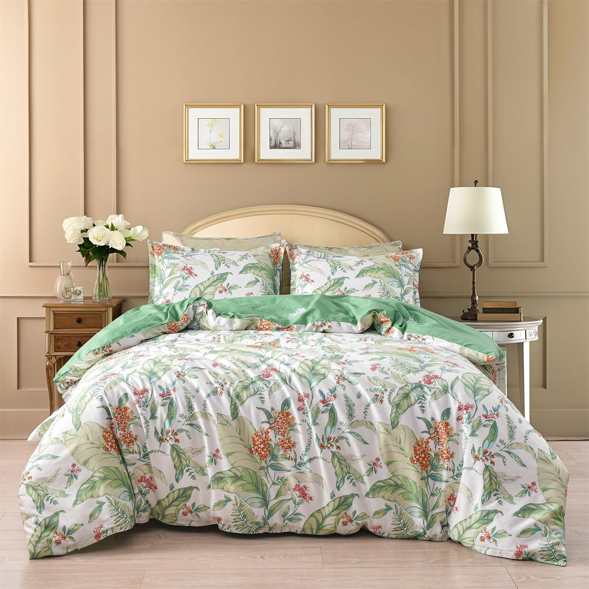 Mixinni Duvet Cover King Size Set Green Floral Pattern On White Duvet Cover Set, 3 Pieces Soft Aesthetic 100% Cotton Soft & Brea