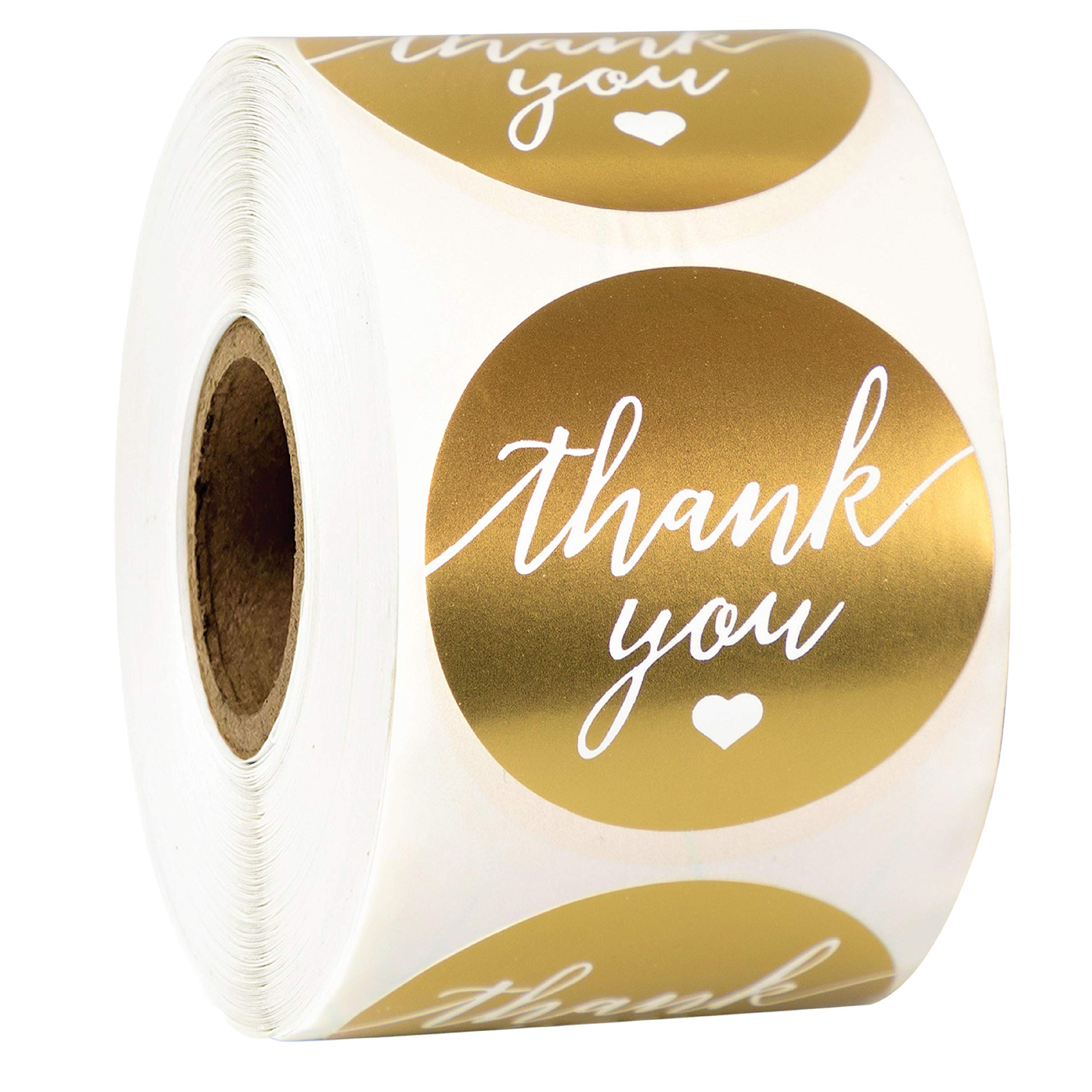 Easykart Labels 500 Thank You Label Sticker 1.5' Round With Gold And White Heart, Thank You Sticker Gold For Birthdays, Wedding