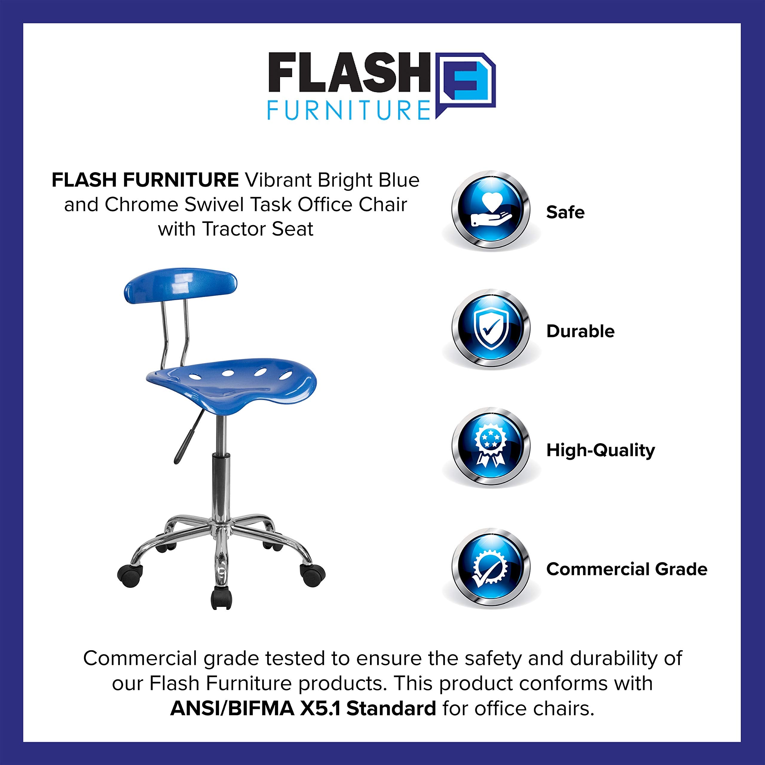 Flash Furniture Elliott Vibrant Bright Blue and Chrome Swivel Task Office Chair with Tractor Seat