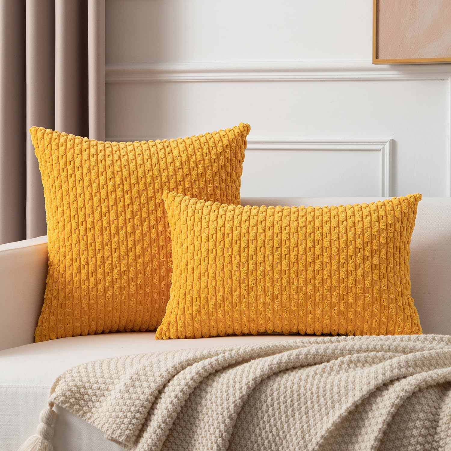 Kevin Textile 2 Packs Yellow Euro Farmhouse Decorative Throw Pillow Covers 26X26 Inch For Living Room Couch Bed Sofa Rustic Boho Home Decor Soft Striped Corduroy Square Cushion Case 66X66 Cm