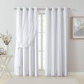 Bujasso White Full Blackout Curtain Panels with Sheer Overlay Mix and Match Double Layer Thermal Insulated Window Treatment Set for Living Room White Drapes with Tiebacks Grommet Top 54 Wx84 Lx2