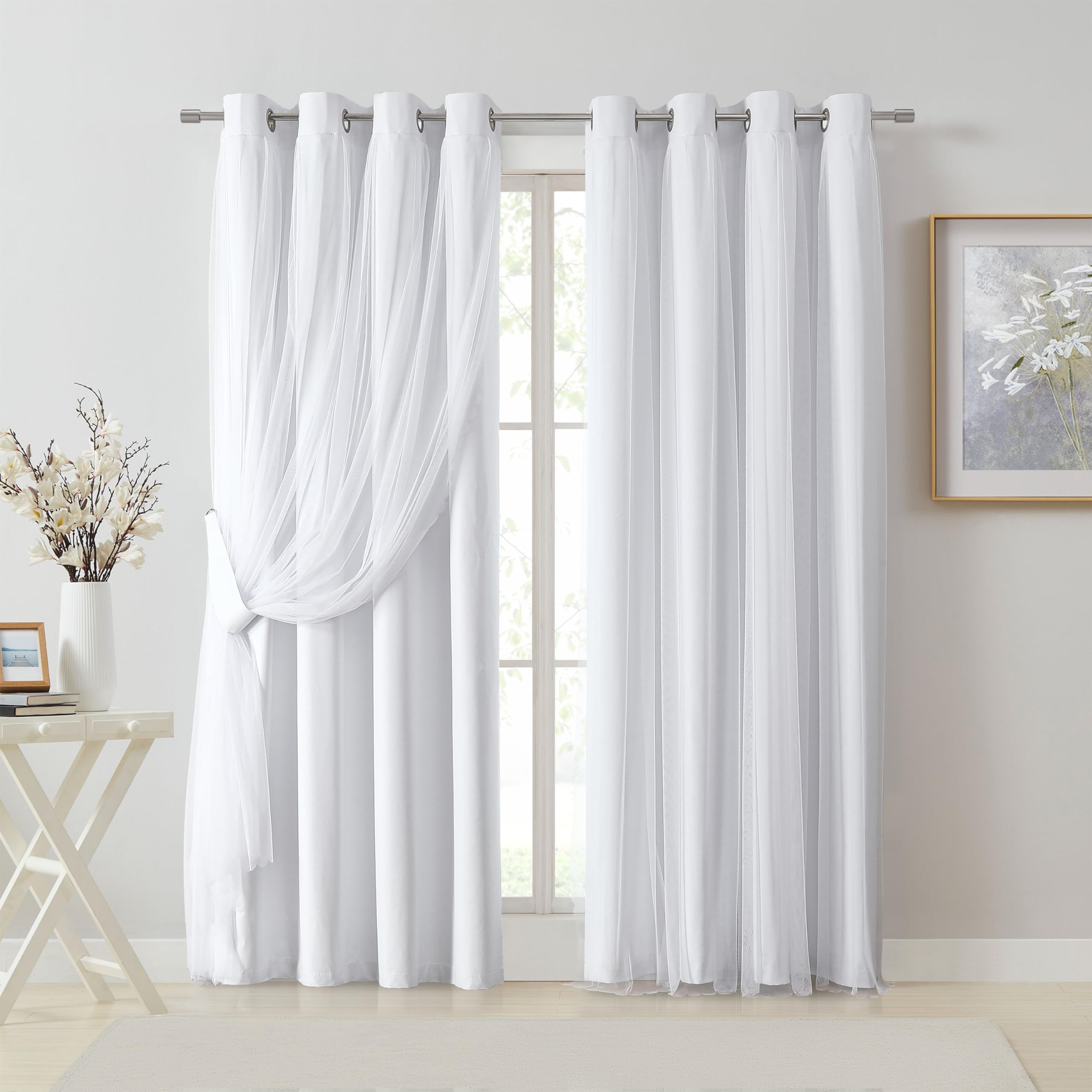 Bujasso White Full Blackout Curtain Panels with Sheer Overlay Mix and Match Double Layer Thermal Insulated Window Treatment Set for Living Room White Drapes with Tiebacks Grommet Top 54 Wx84 Lx2