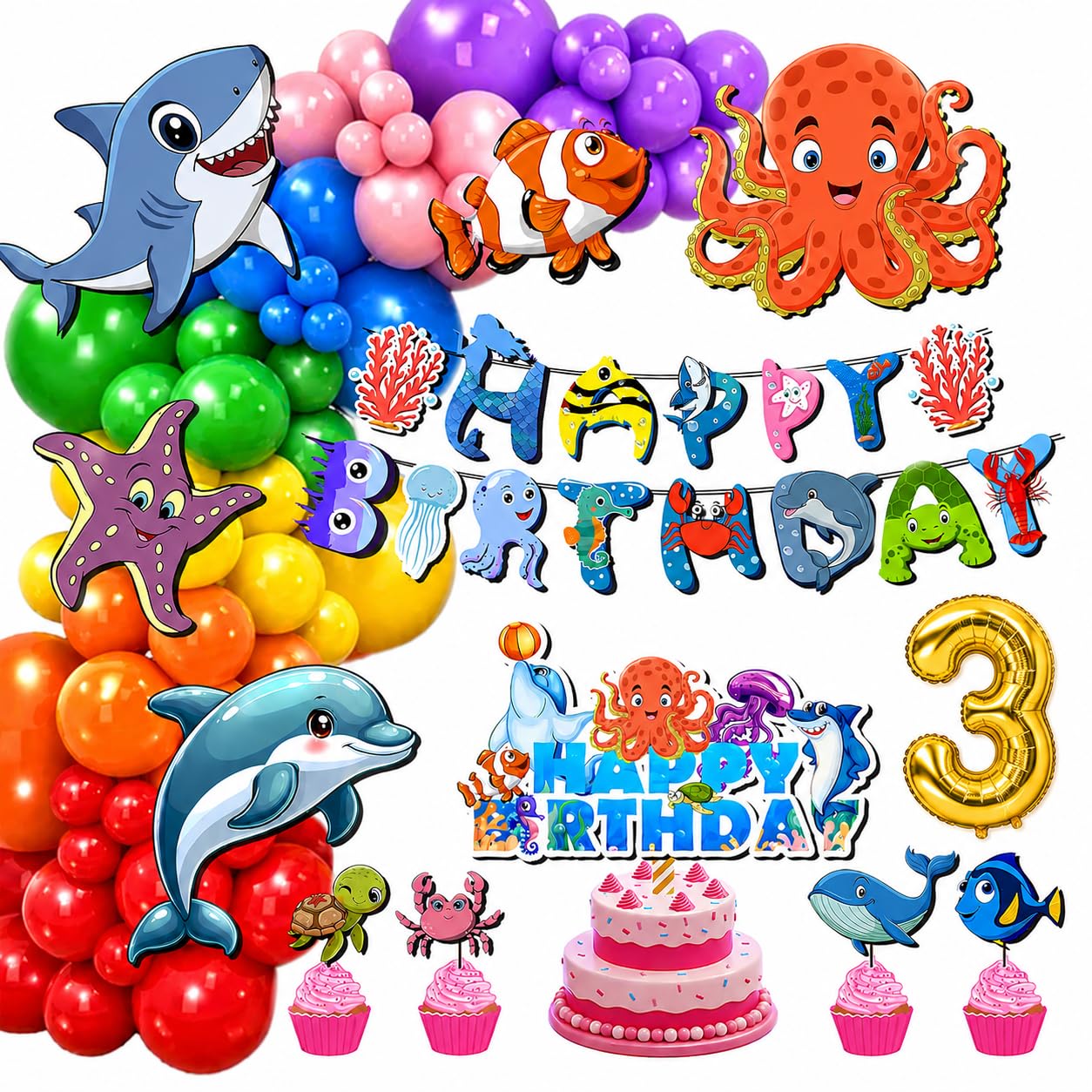 Partyjoy Sea Animals Theme Birthday Decoration Kit, Ocean Party Decoration Set For Kids, Happy Birthday Banner, Dolphin Shark Oc