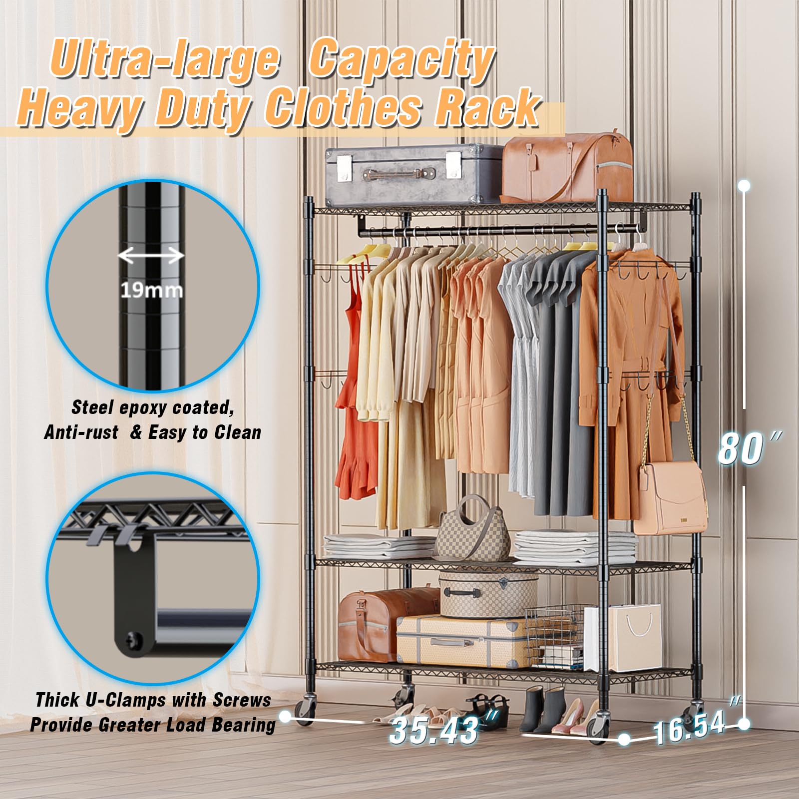 Homdox 3 Tier Heavy Duty Garment Rack With Wheels, Adjustable Wire Clothes Rack With Double Hanging Rods, Portable Closets For H