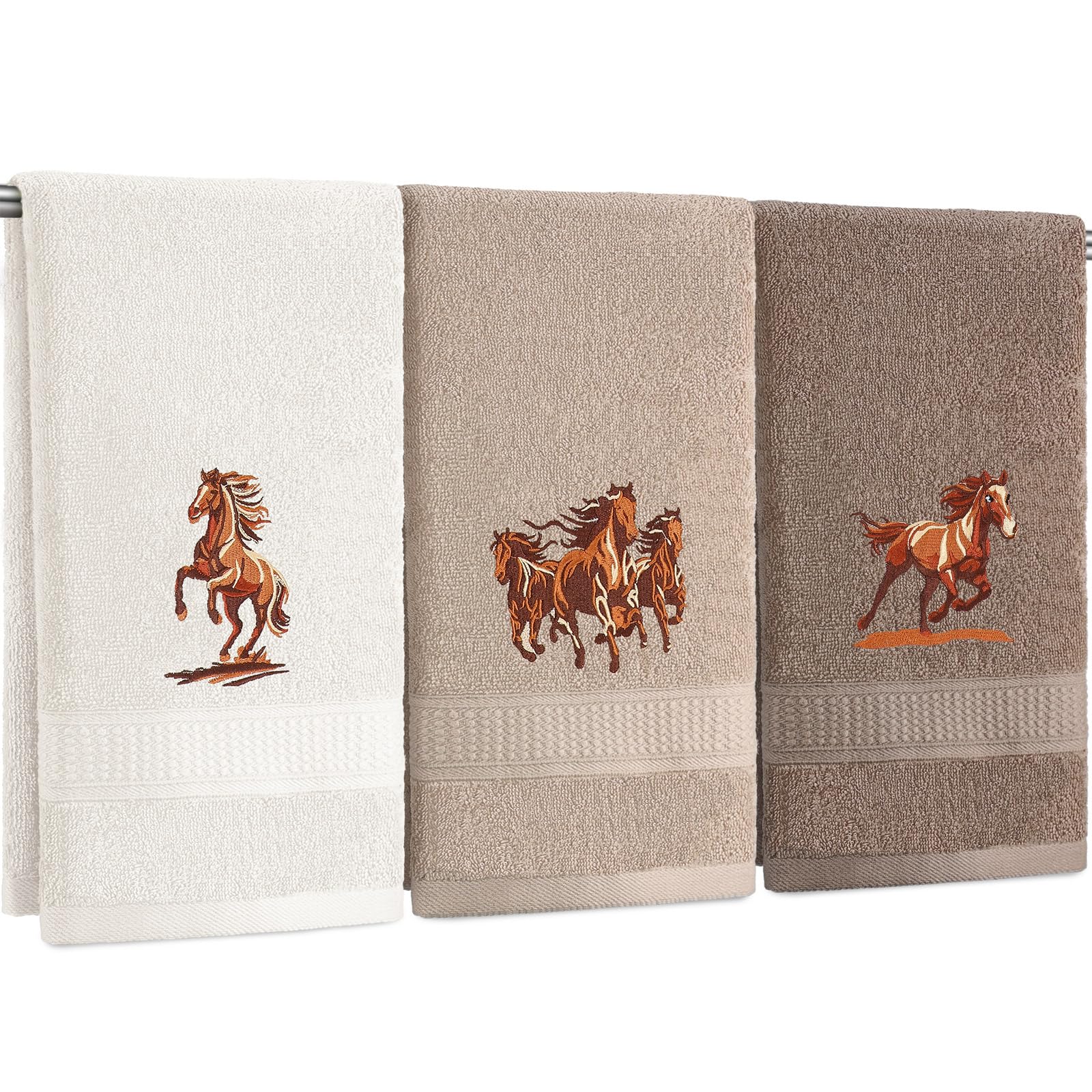 Hillsuren 3 Pcs Western Horse Hand Towels Set for Bathroom 100% Cotton Embroidered Decorative Equestrian Horse Themed Gifts Farm