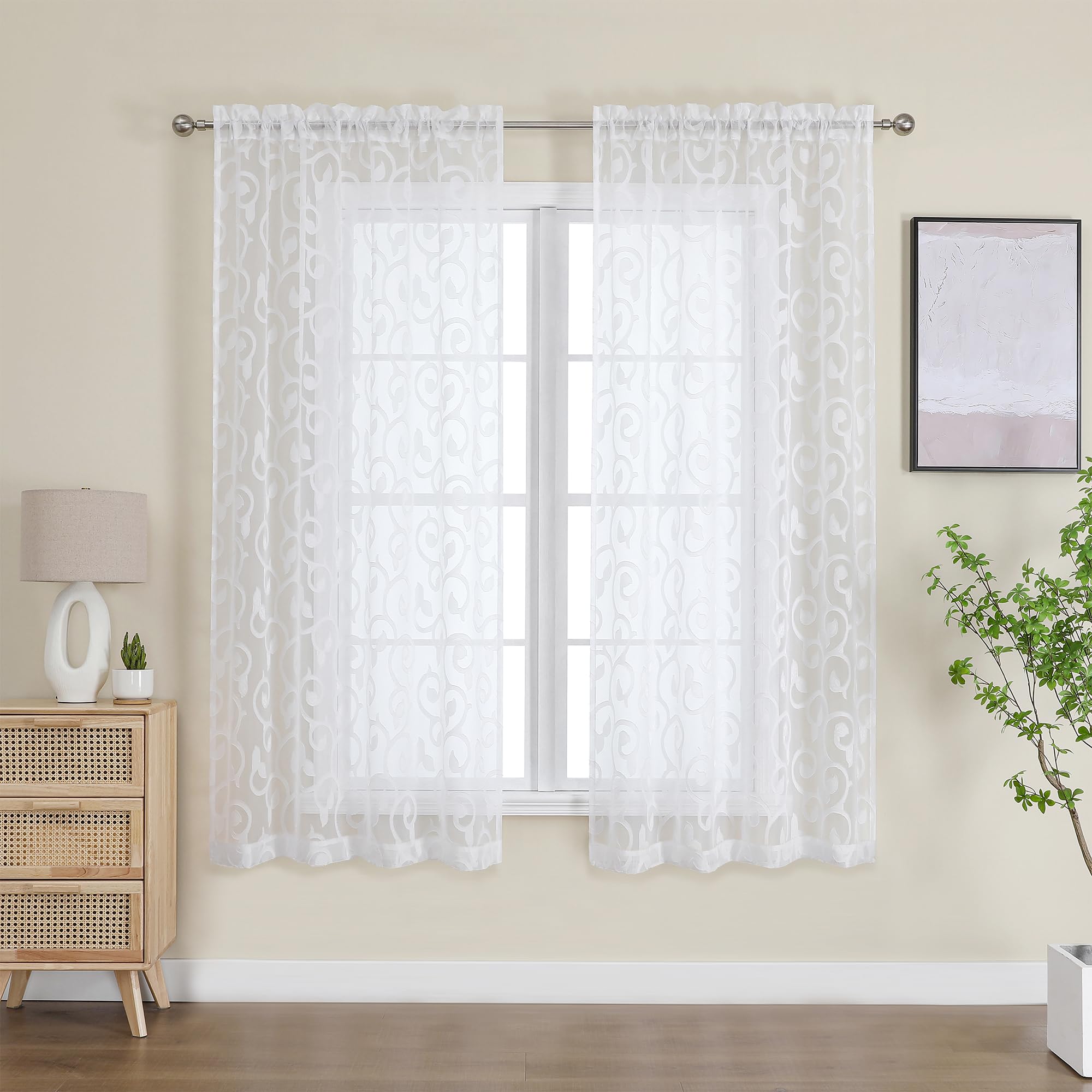 Owenie Furman Sheer Curtains 63 Inch Length For Bedroom Living Room 2 Panels Set, Jacquard Clip Textured Semi Sheer White Curtai