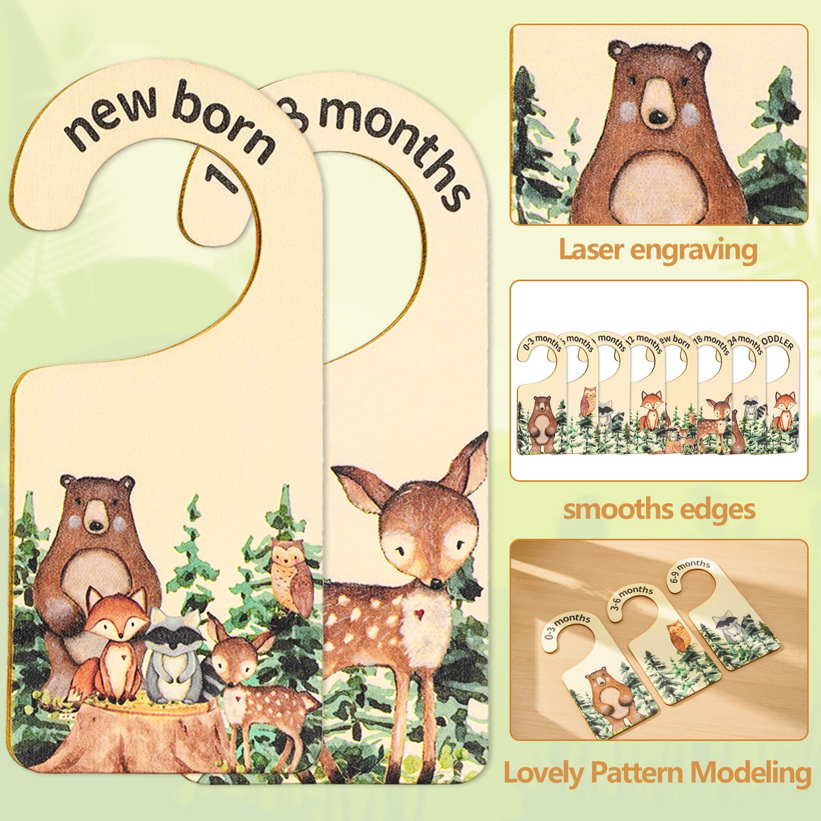 Whaline 8Pcs Baby Closet Size Dividers Woodland Design Hanging Wooden Baby Closet Organizer Newborn To 24 Months Thicken Baby Wardrobe Organizer For Home Nursery Baby Clothes Decor