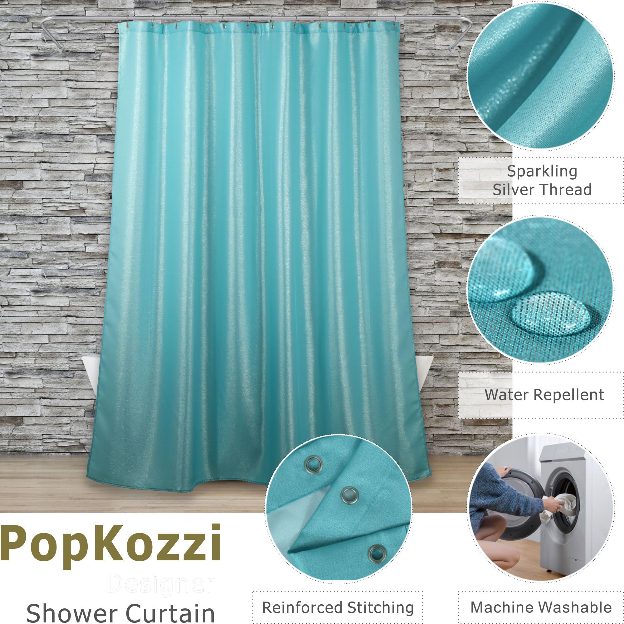 Popkozzi Teal Blue Long Shower Curtain: 78 Inch Turquoise Aqua Glitter Sparkle Bling Shiny Fabric Decorative Shower Curtains For