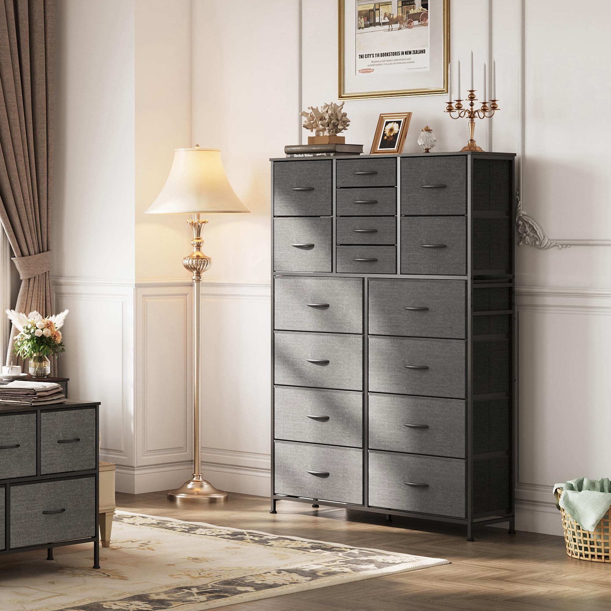 Wlive 16 Drawers Dresser, Tall Dresser For Bedroom, Closet, Hallway, Storage Dresser Organizer Unit, Large Dressers & Chests Of Drawers With Fabric Bins, Dark Grey