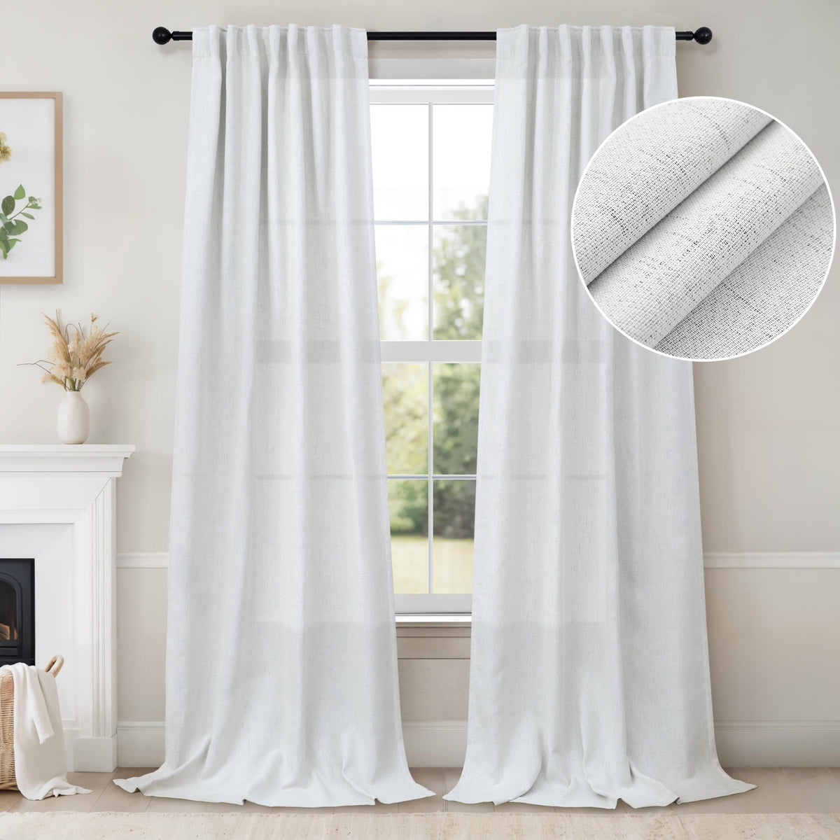 Ivory Room Darkening Curtains 100 Inch Length for Living Room 2 Panel Back Tab Pocket Semi Blackout Light Blocking Faux Linen Of