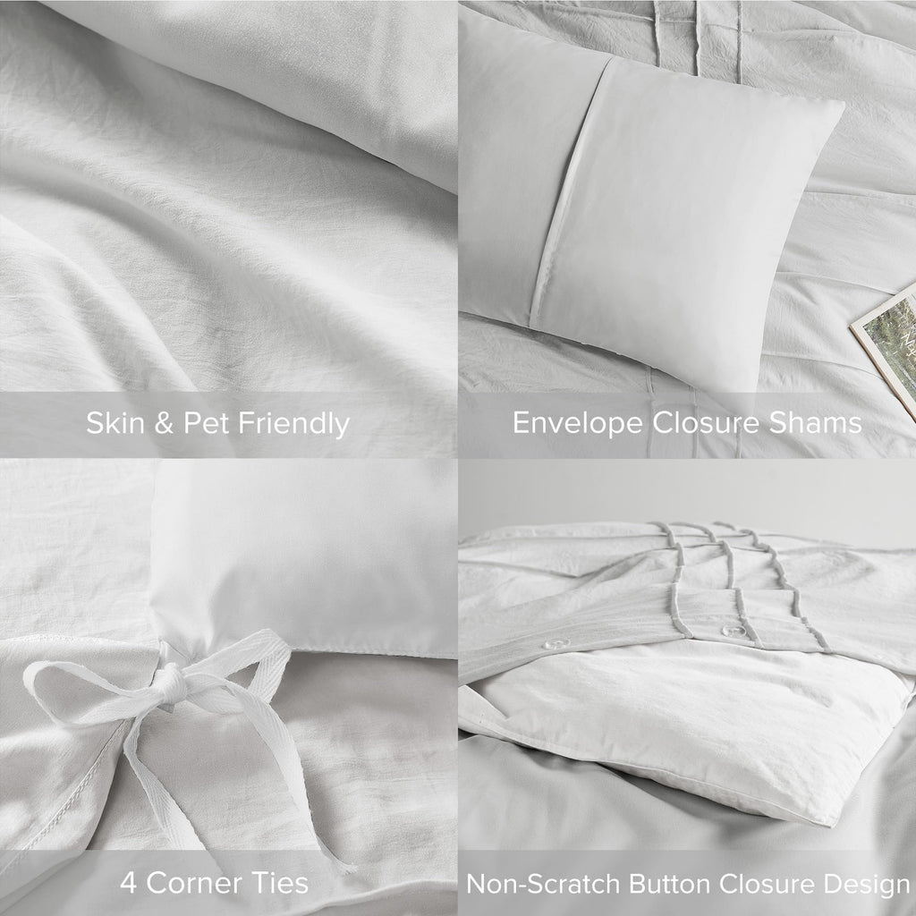 Comfort Spaces Silver Queen Size Duvet Cover Set - 3-Pc Pintuck Pleated Duvet Cover Queen, All Season Lightweight, Extra Softness Pre-Washed Microfiber Queen Bed Cover Shams, Queen